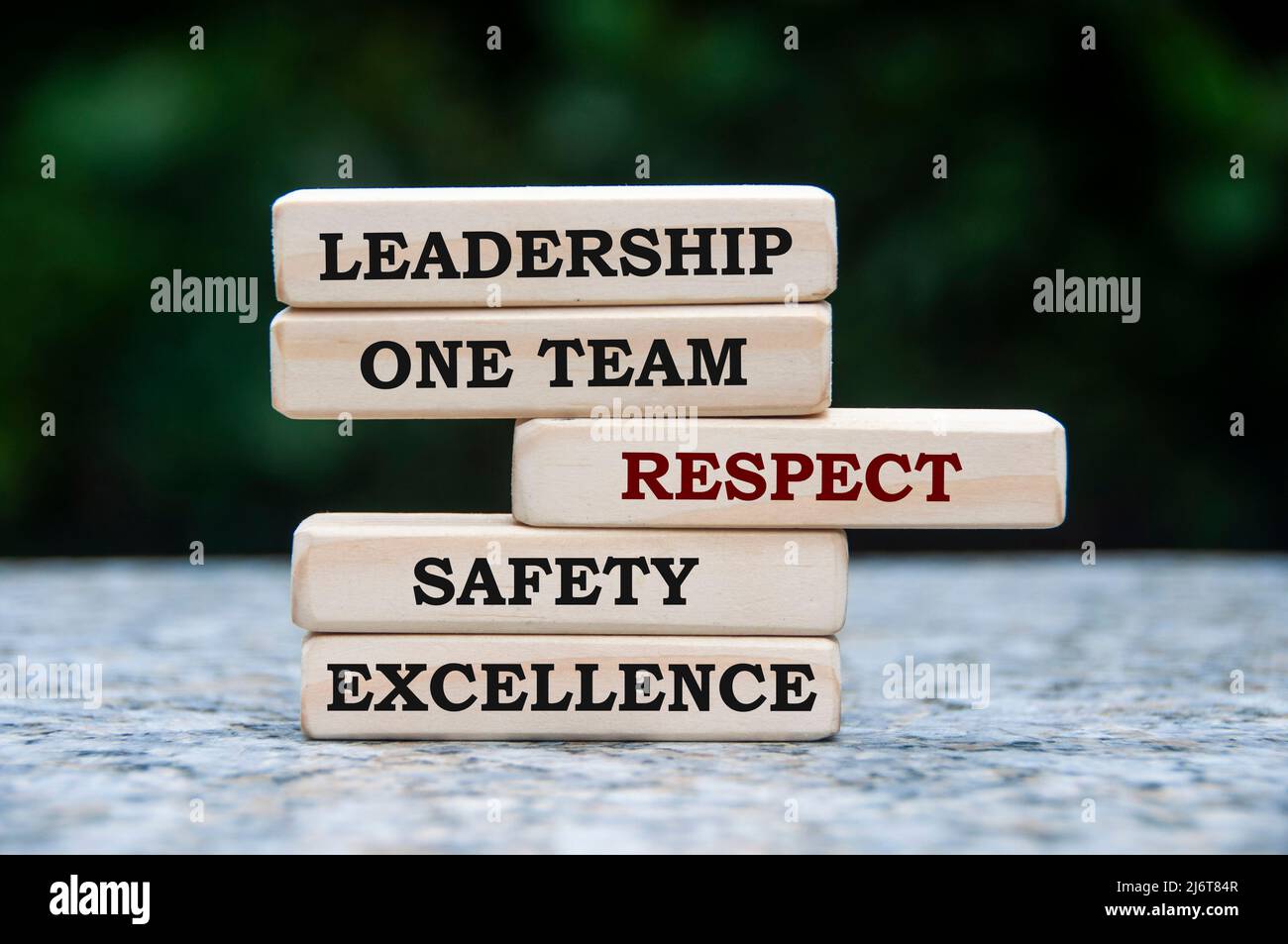 Leadership, una squadra, rispetto, sicurezza ed eccellenza testo su blocchi di legno. Foto Stock