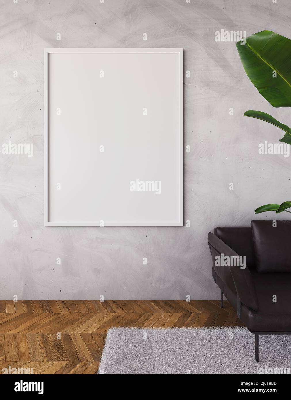 Cornice bianca mockup su muro grigio sporco con divano e tappeto. Soggiorno dal design moderno. Vista frontale in stile minimalista con un poster o un'ar Foto Stock