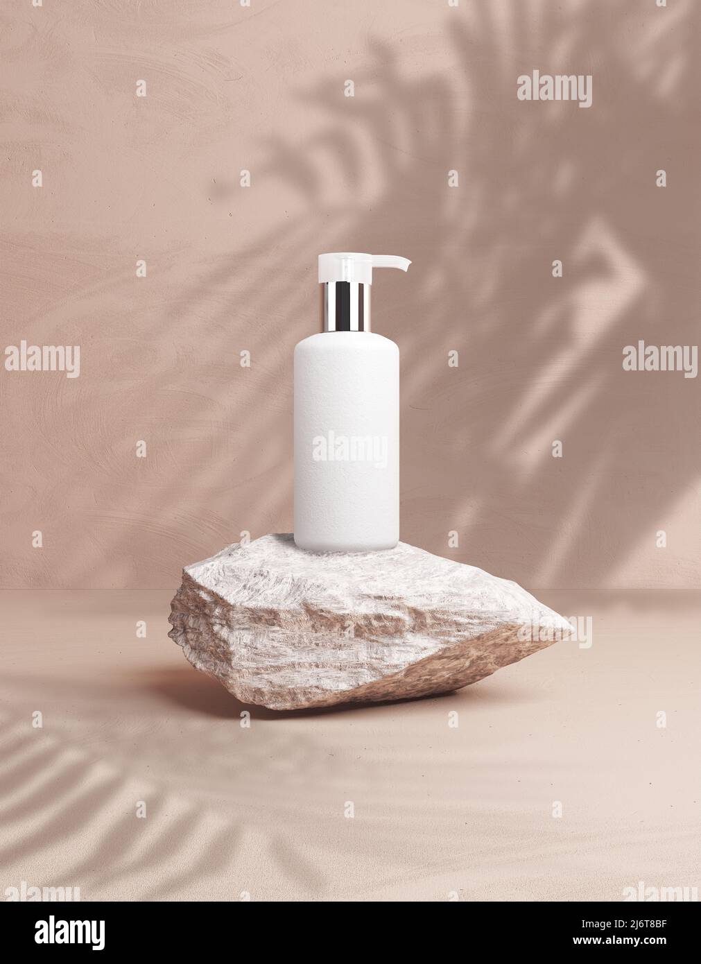 Cosmetici bottiglia mockup su sfondo beige parete sul podio in pietra grigia per posizionare il tuo design, 3D rendering, 3D illustrazione. Marchio di imballaggio del prodotto Foto Stock