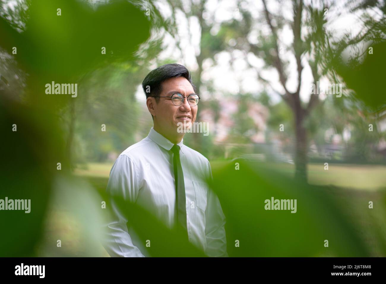 Ben vestito uomo d'affari asiatico maturo sorridente. Natura all'aperto con sfondo residenziale. Foto Stock