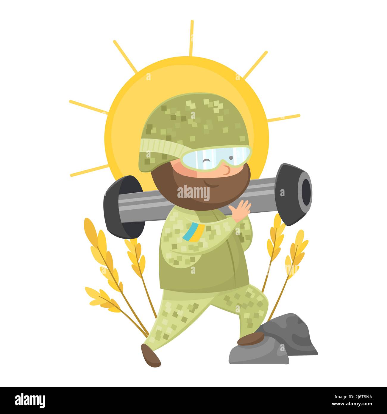Soldato ucraino con sistema missilistico portatile anticarro. Difensore dell'Ucraina e Guerriero della luce. Forma delle forze Armate dell'Ucraina. Simboli nazionali. Arma. La lotta per la libertà. Illustrazione Vettoriale