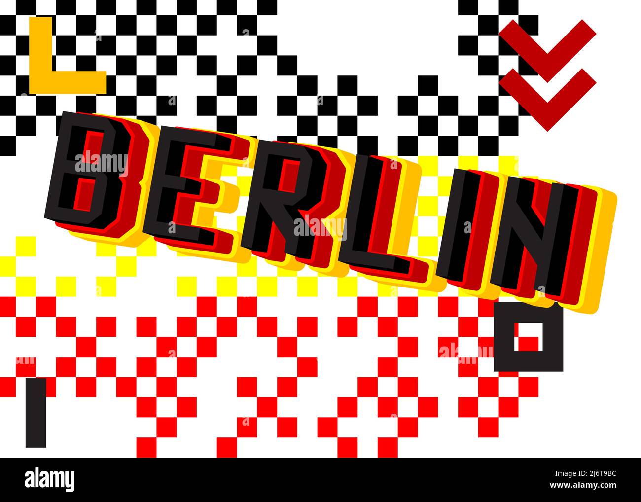 Berlino pixelated parola con sfondo grafico geometrico. Illustrazione di un cartoon vettoriale. Illustrazione Vettoriale