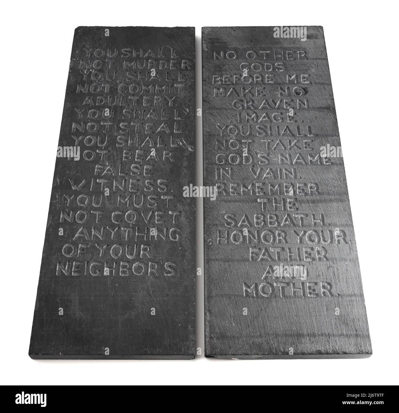 I dieci Comandamenti scolpiti in due pietre ardesia nere Foto Stock