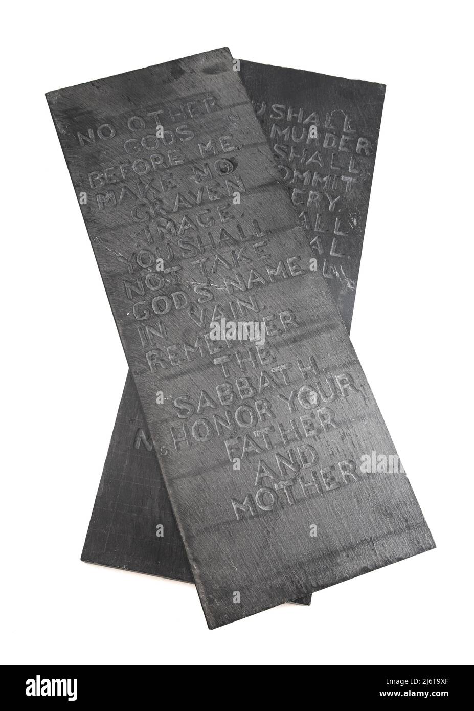 I dieci Comandamenti scolpiti in due pietre ardesia nere Foto Stock