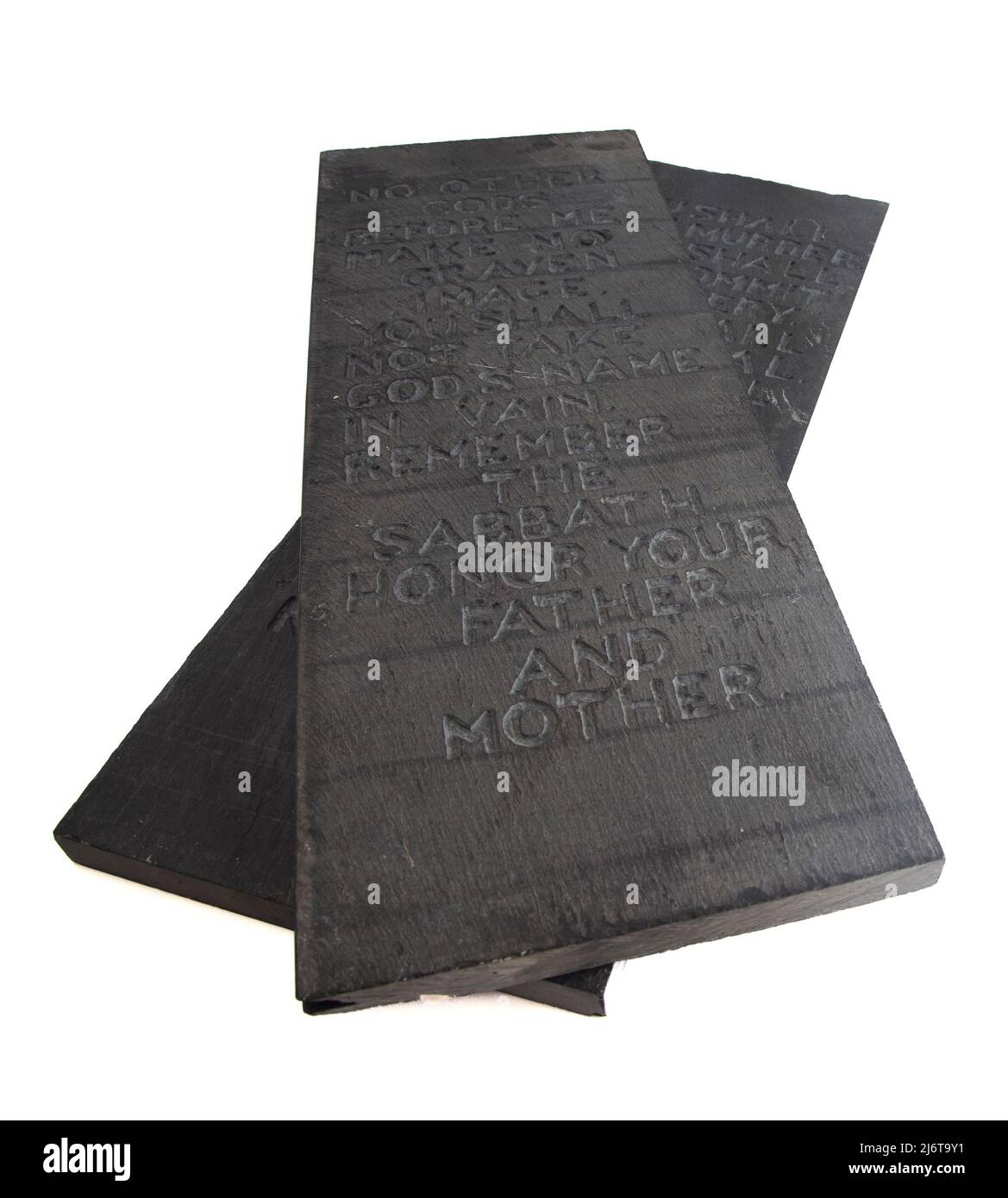 I dieci Comandamenti scolpiti in due pietre ardesia nere Foto Stock
