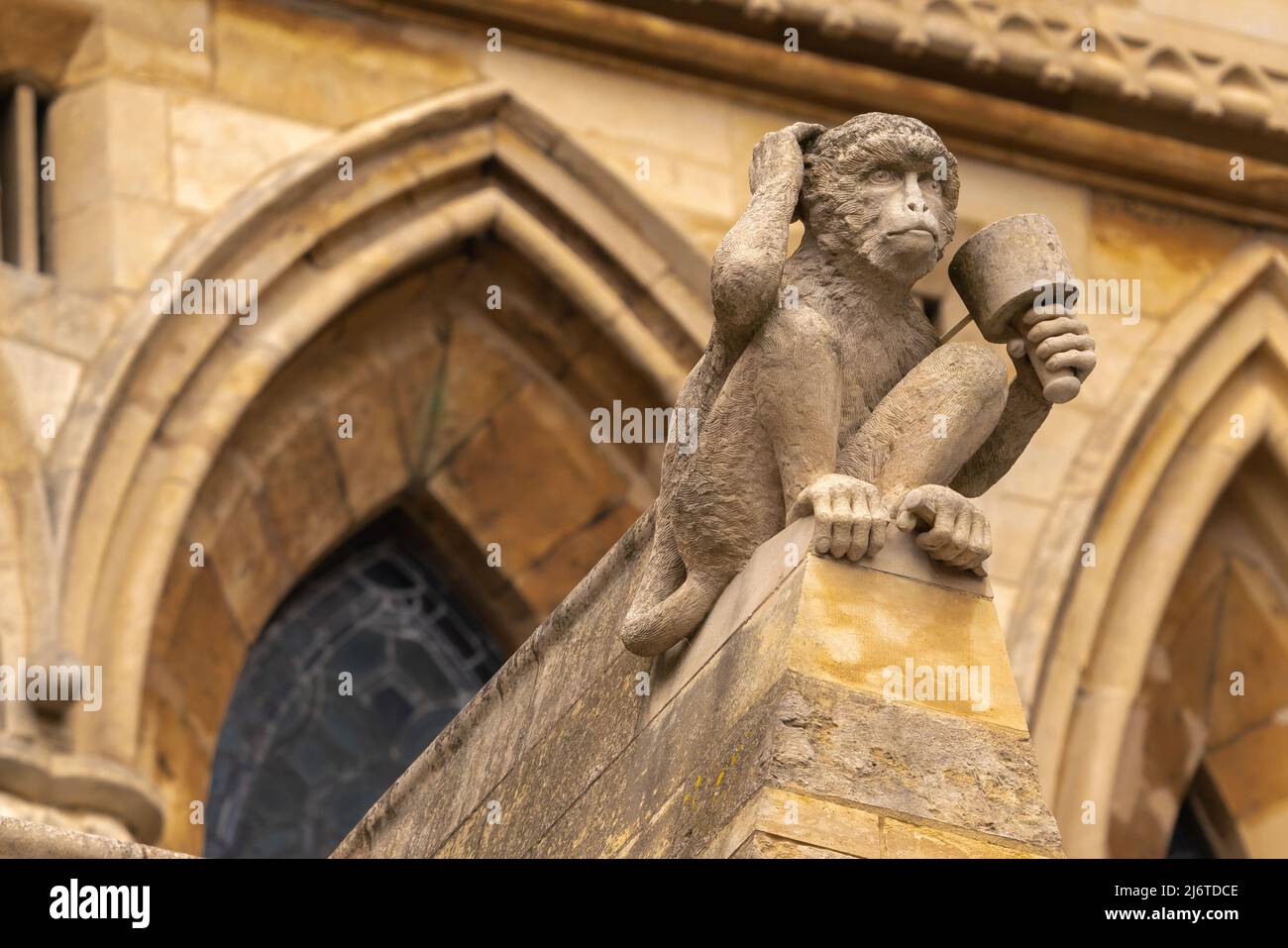 Gargoyles, statue di pietra, attaccato, edifici, decorazione, acquedotti, flusso di acqua piovana, scolpito, pietra solida, granito, funzione ornamentale e artistica. Foto Stock