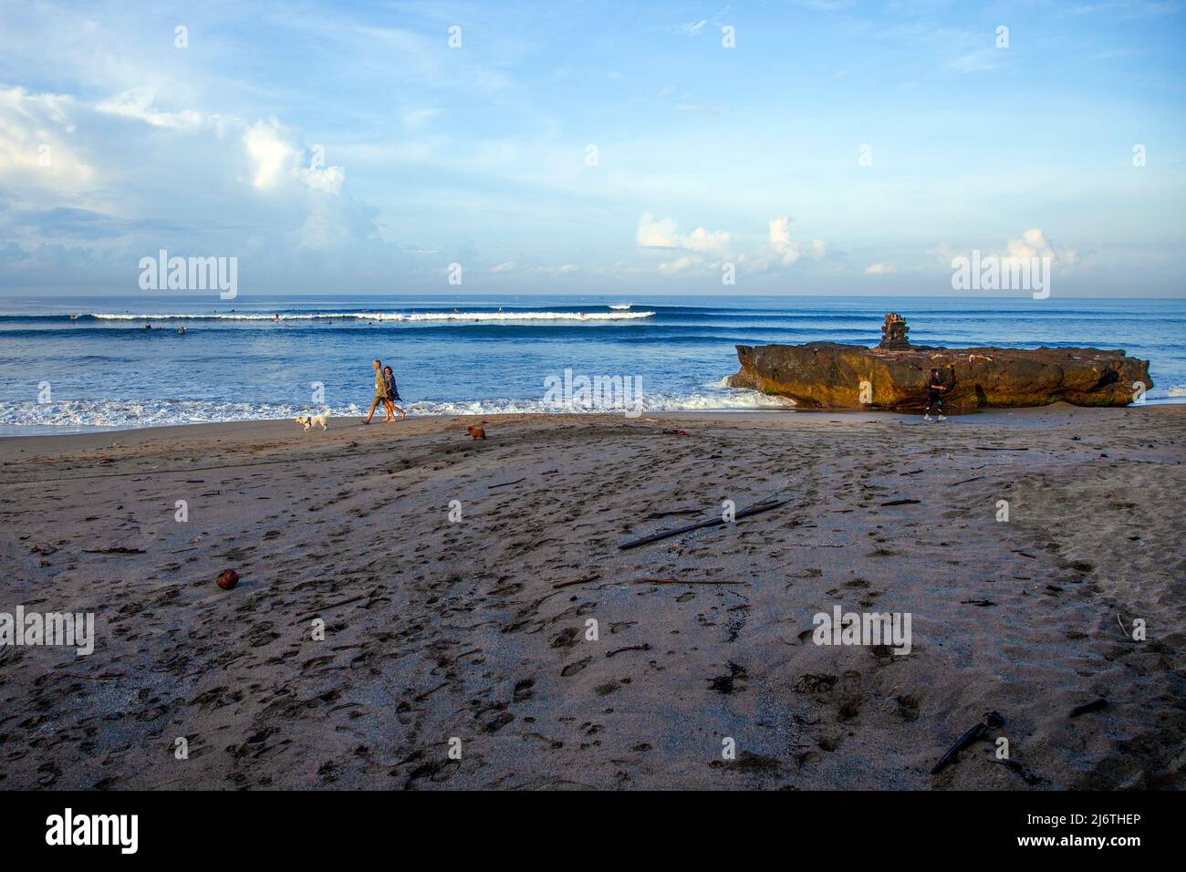 Persone che camminano lungo la costa con alcuni cani sulla spiaggia di Batu Bolong a Canggu, Bali. Foto Stock