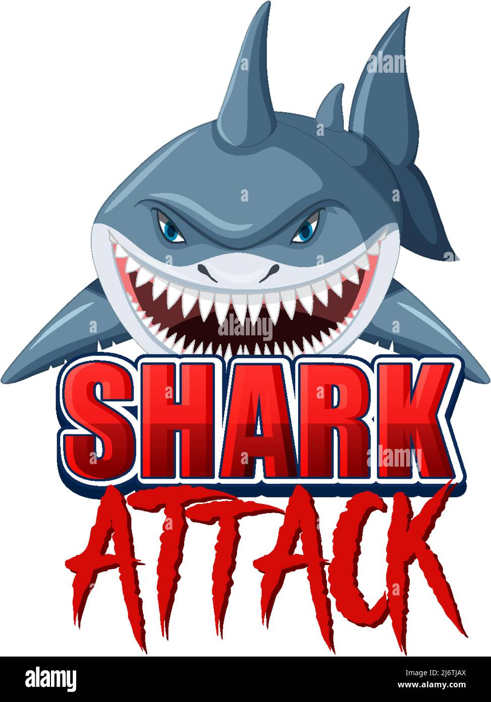 Logo del font Shark Attack con illustrazione dello squalo aggressivo nei cartoni animati Illustrazione Vettoriale