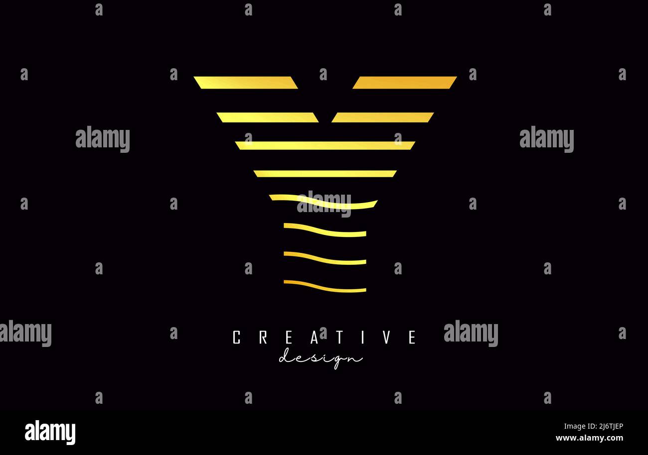 Logo lettera Y con linee dorate diritte e a zig-zag. Illustrazione vettoriale con linee di colore del tramonto. Illustrazione Vettoriale