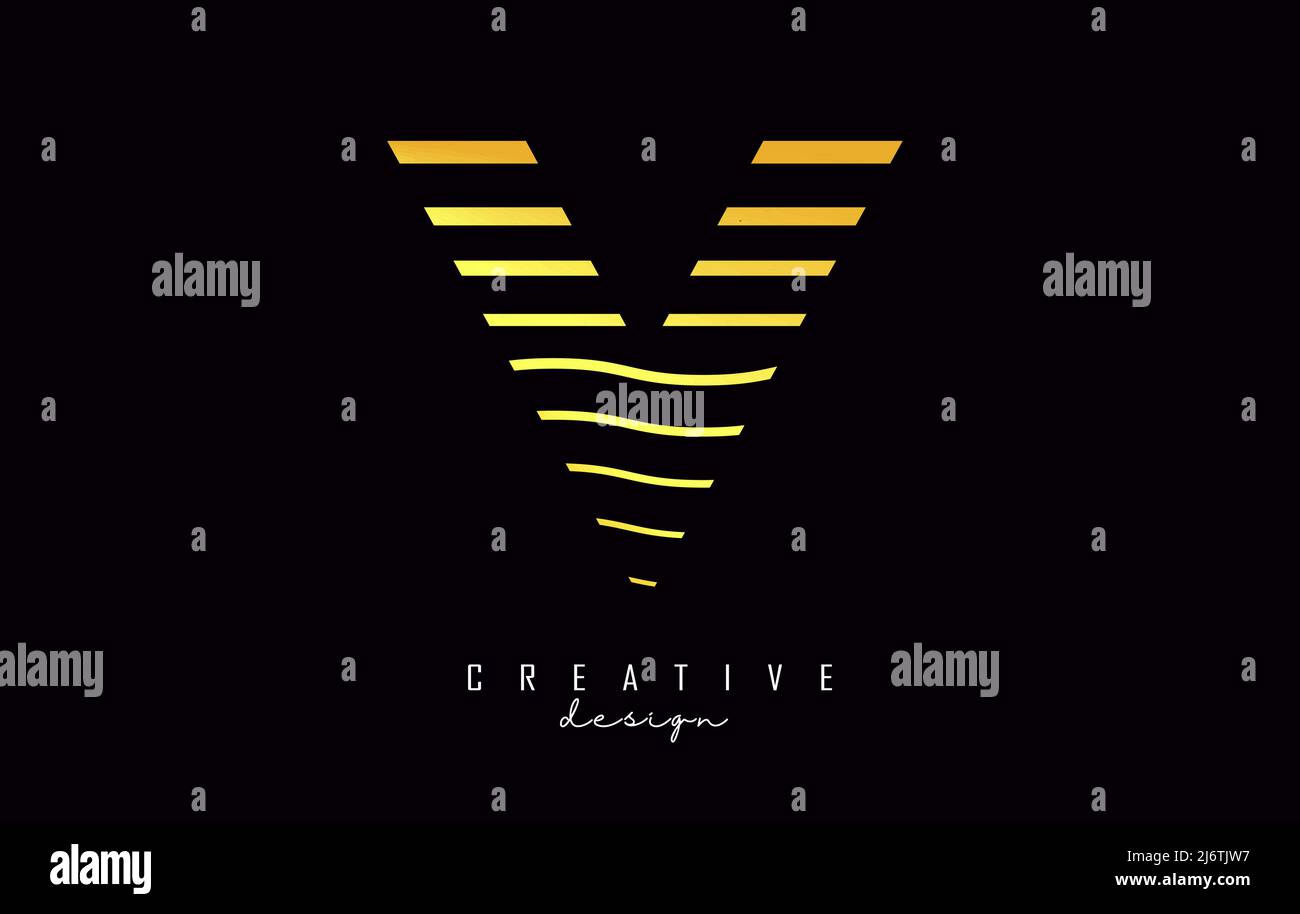 Logo lettera V con linee dorate diritte e a zig-zag. Illustrazione vettoriale con linee di colore del tramonto. Illustrazione Vettoriale