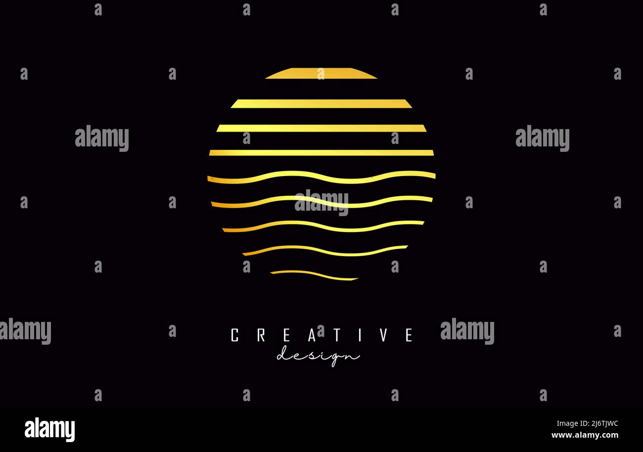 Logo lettera o con linee dorate diritte e a zig-zag. Illustrazione vettoriale con linee di colore del tramonto. Illustrazione Vettoriale
