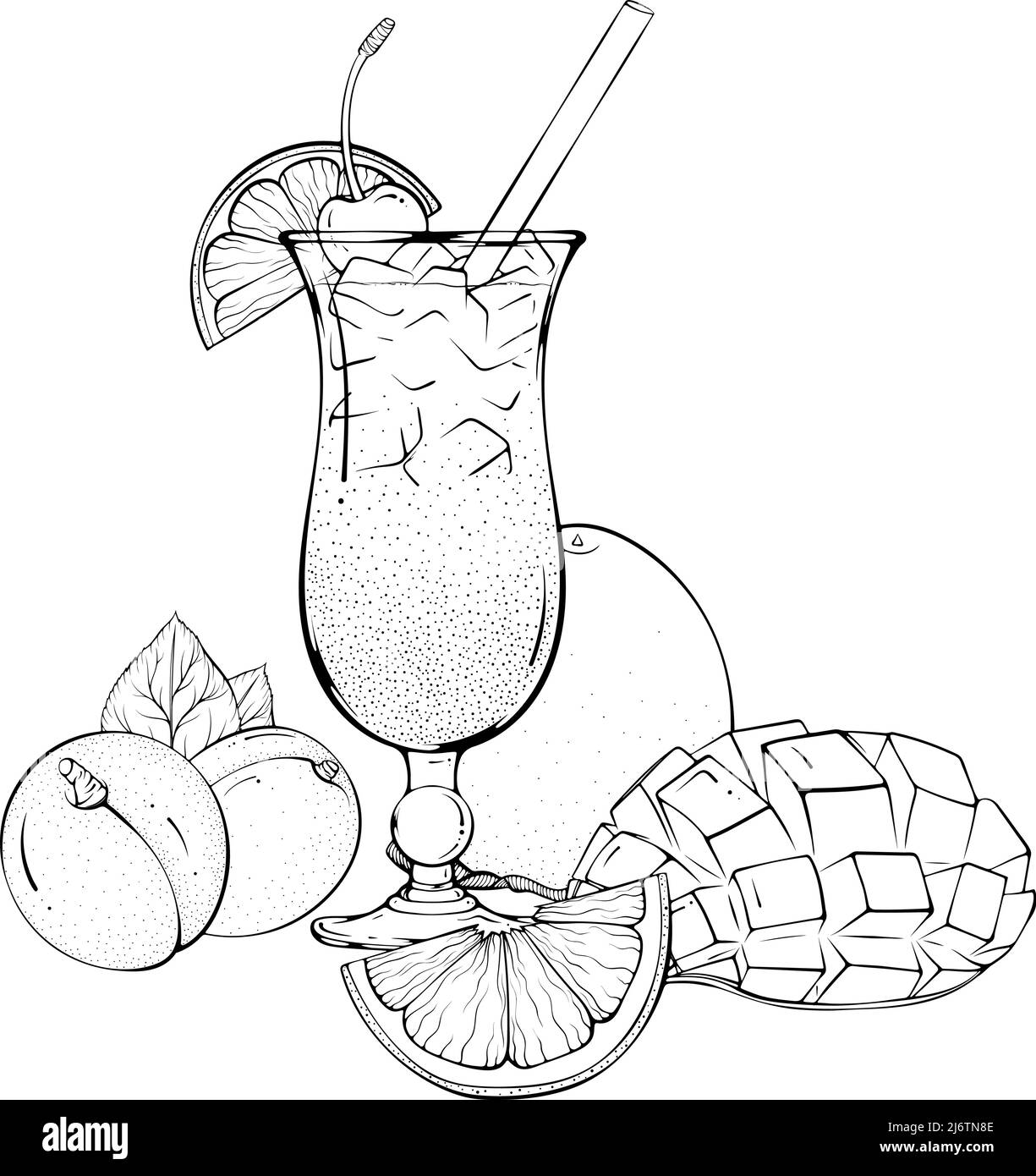 La natura morta con cocktail e arte della linea della frutta Illustrazione Vettoriale