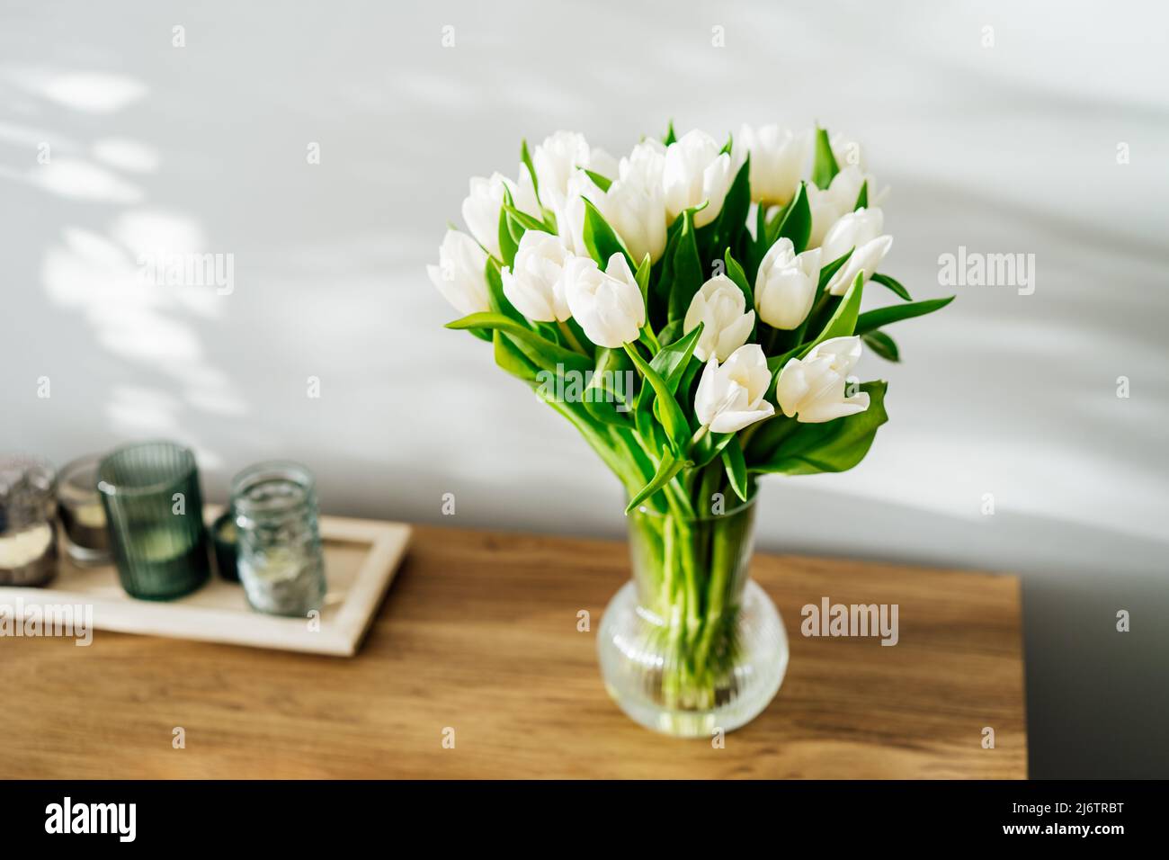Bouquet primaverile di tenui fiori tulipani bianchi in vaso su un mobile in legno vicino a una parete grigio chiaro con luci e ombre. Regalo per le vacanze, bir Foto Stock