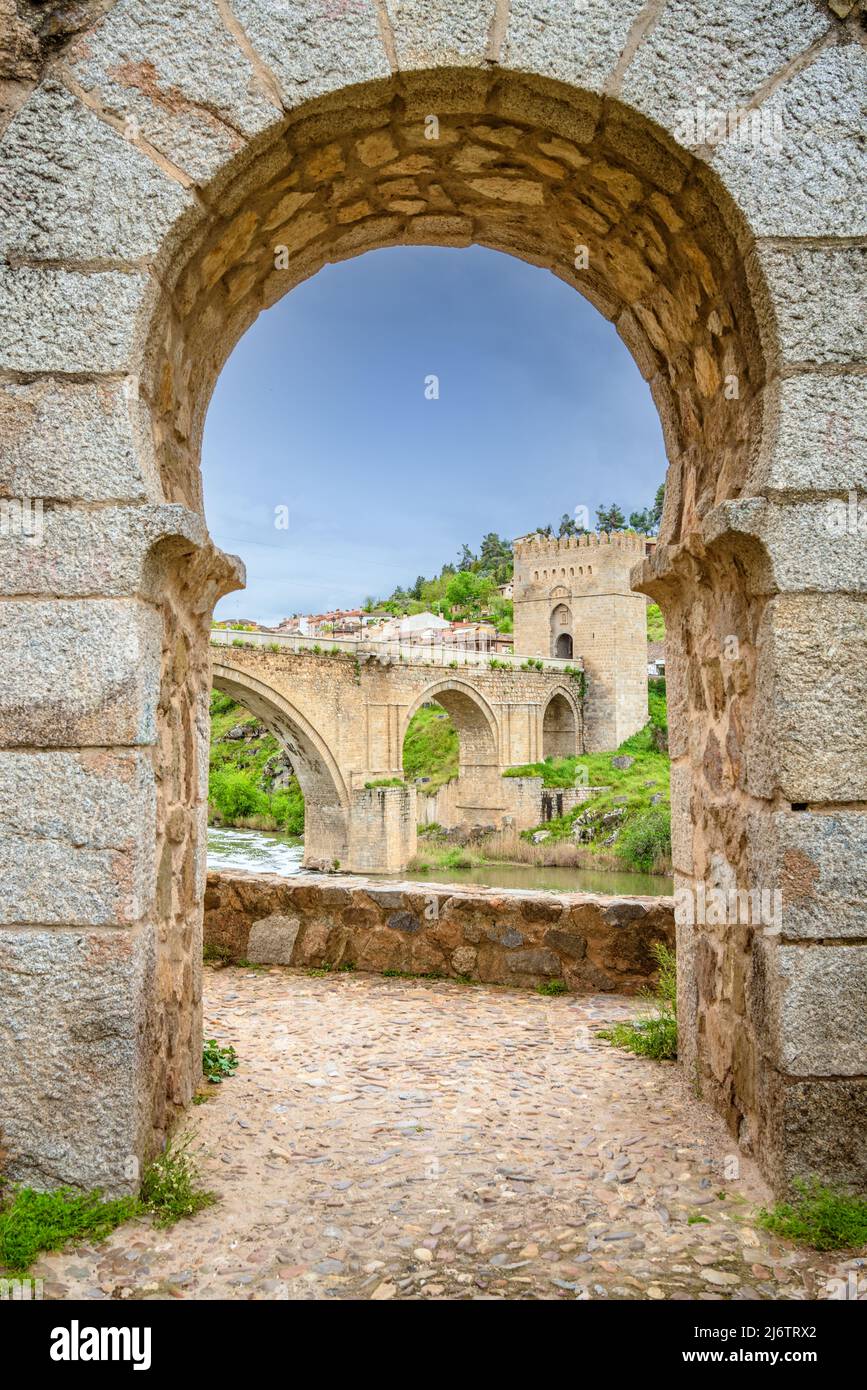 Vista panoramica del ponte pedonale medievale di San Martin che offre ampie vedute del fiume Tago a Toledo, Spagna Foto Stock