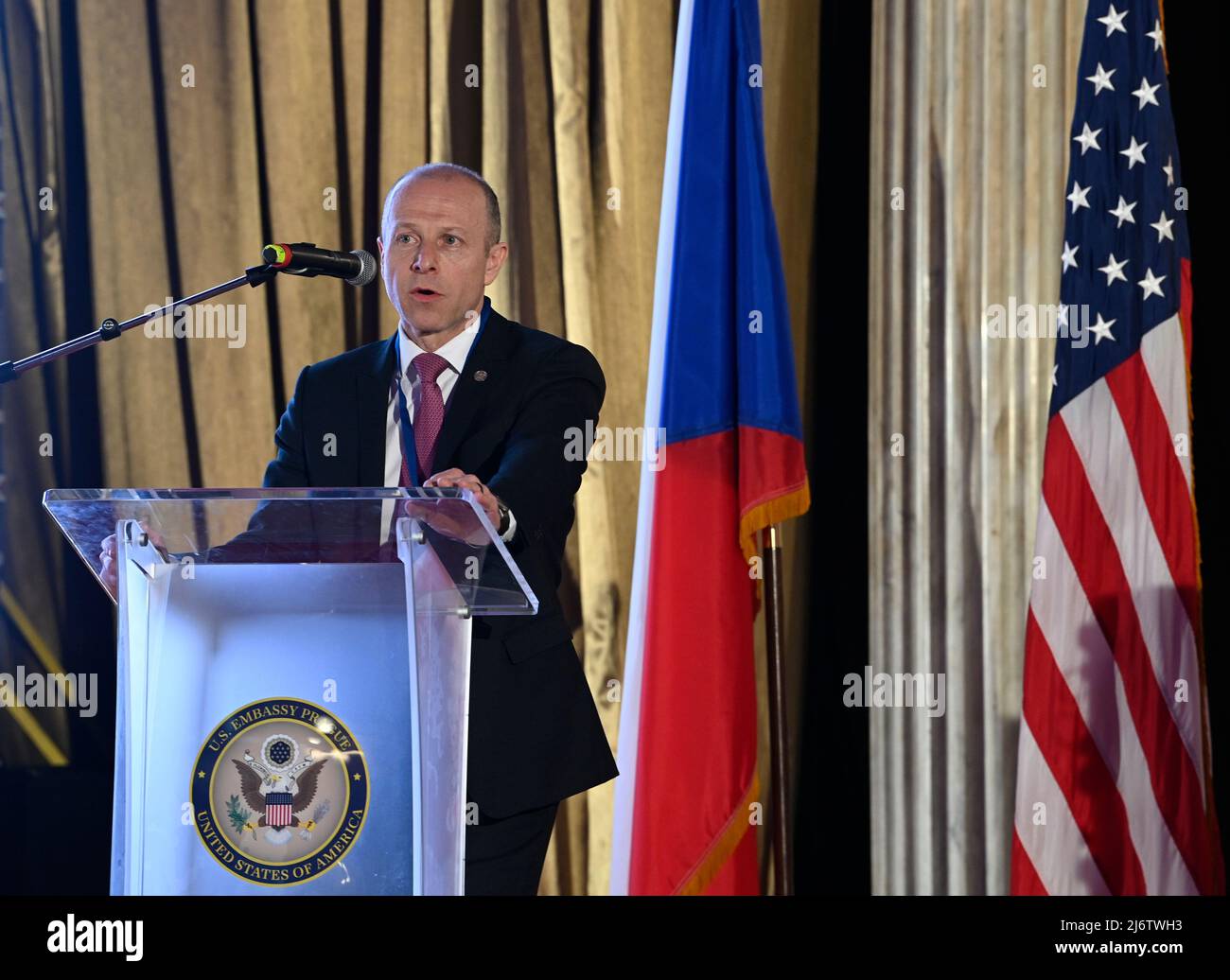 Patrick Fragman, Presidente e Chief Executive della Westinghouse Electric Company, parla durante il forum commerciale USA-ceco sull'ambiente delle opportunità nell'Ambasciata degli Stati Uniti, Praga, Repubblica Ceca, 4 maggio 2022. (Foto CTK/Michal Krumphanzl) Foto Stock