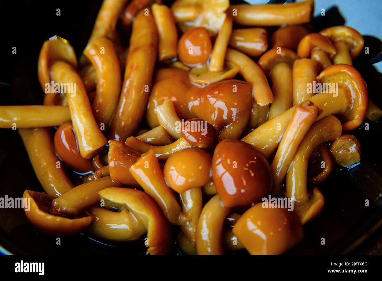 Piatto di funghi sottaceto, come additivo in insalata Foto Stock