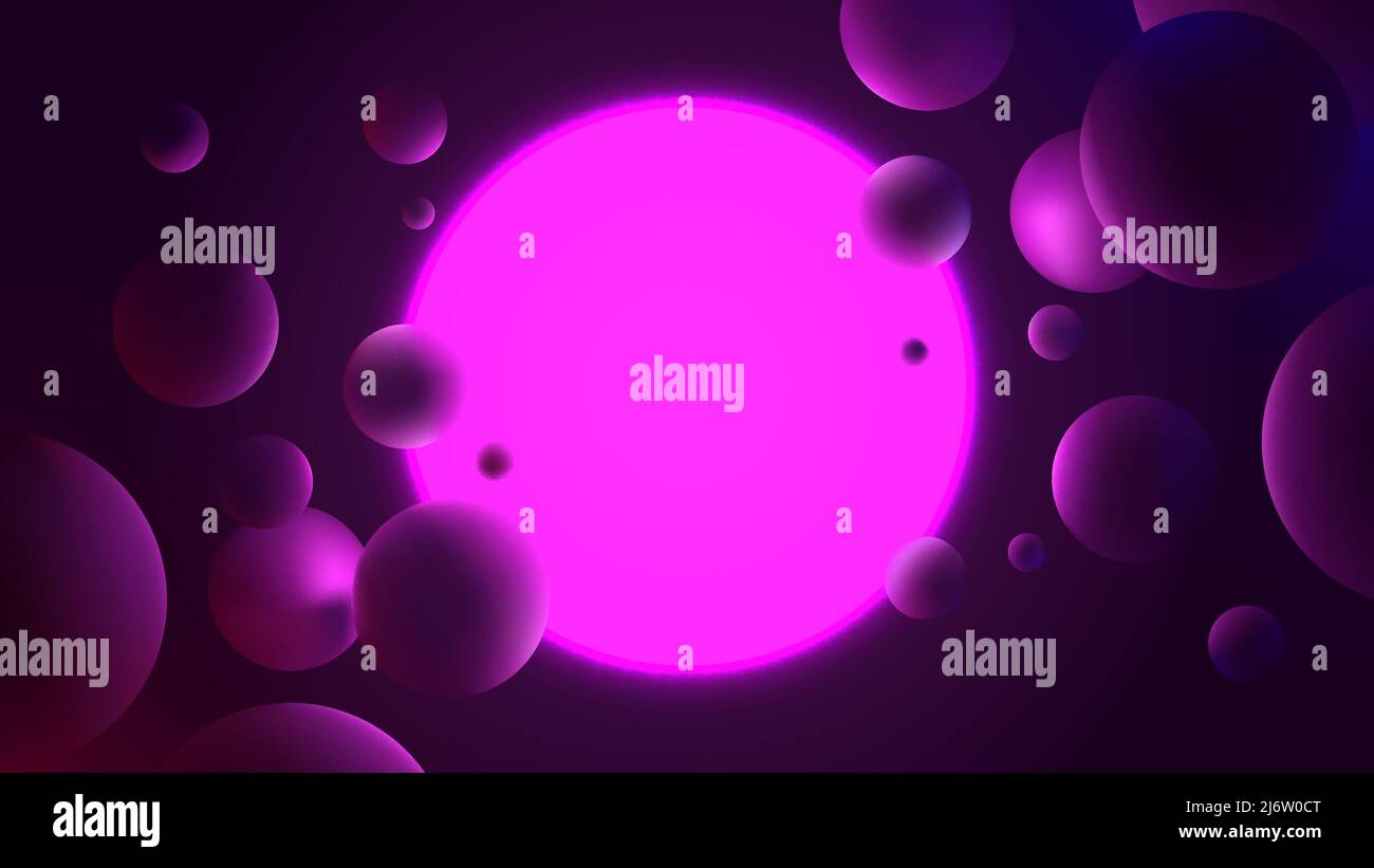 Illustrazione vettoriale astratta con cerchio viola brillante su sfondo scuro, illuminazione al neon con riflesso sulle sfere, poster futuristico gradiente con geom Illustrazione Vettoriale