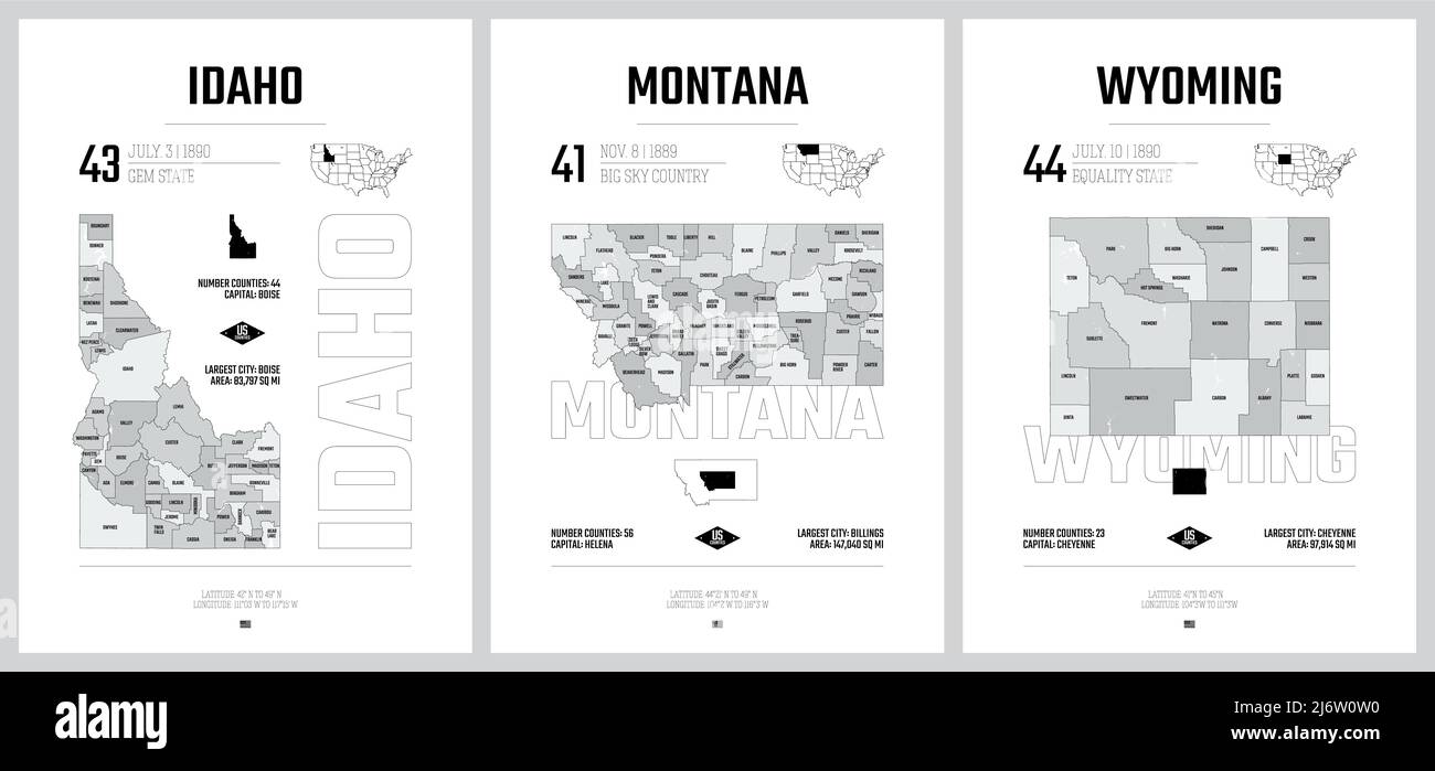 Sagome vettoriali estremamente dettagliate delle mappe degli stati degli Stati Uniti, divisione degli Stati Uniti in contee, suddivisioni politiche e geografiche di Stati a, montagna Illustrazione Vettoriale