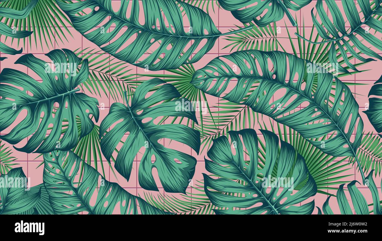 Disegno colorato senza giunture con foglie tropicali esotiche su sfondo di piastrelle quadrate rosa, composizione botanica in contemporanea trendy, illustrazione vettoriale Illustrazione Vettoriale