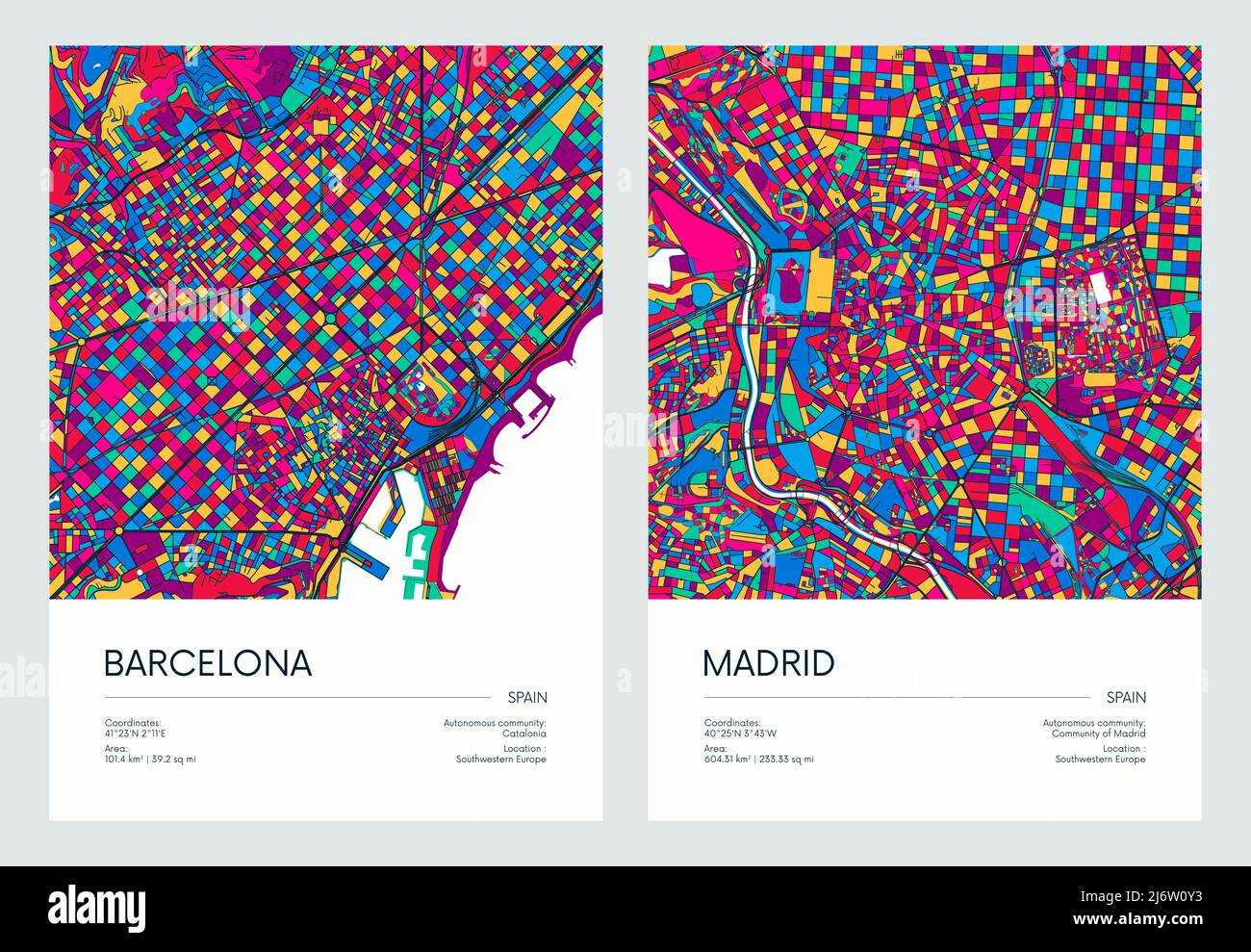 Mappa stradale dettagliata a colori, pianta urbana della città di Barcellona e Madrid con quartieri e quartieri colorati, poster vettoriale di viaggio Illustrazione Vettoriale