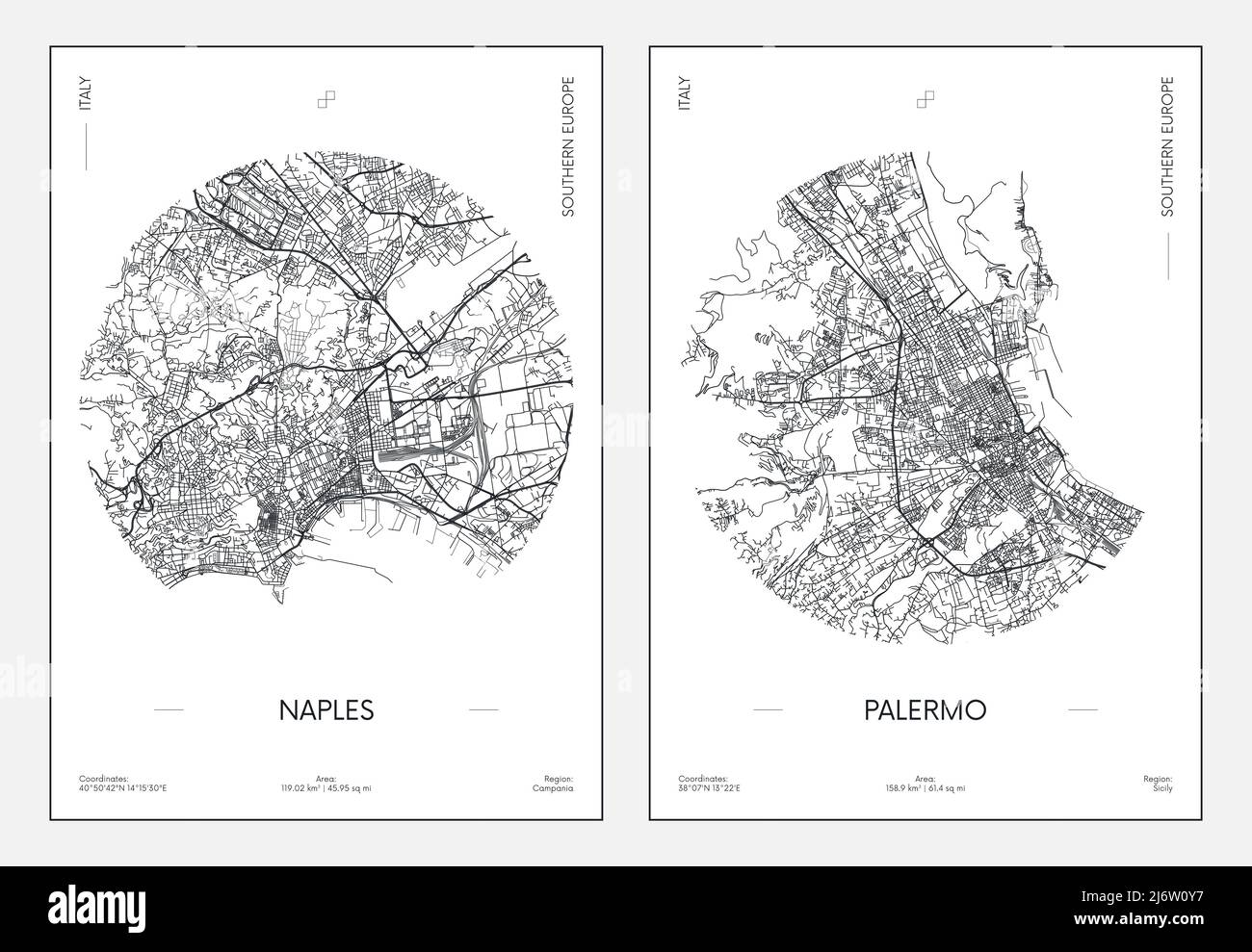 Poster di viaggio, mappa urbana della città Napoli e Palermo, illustrazione vettoriale Illustrazione Vettoriale