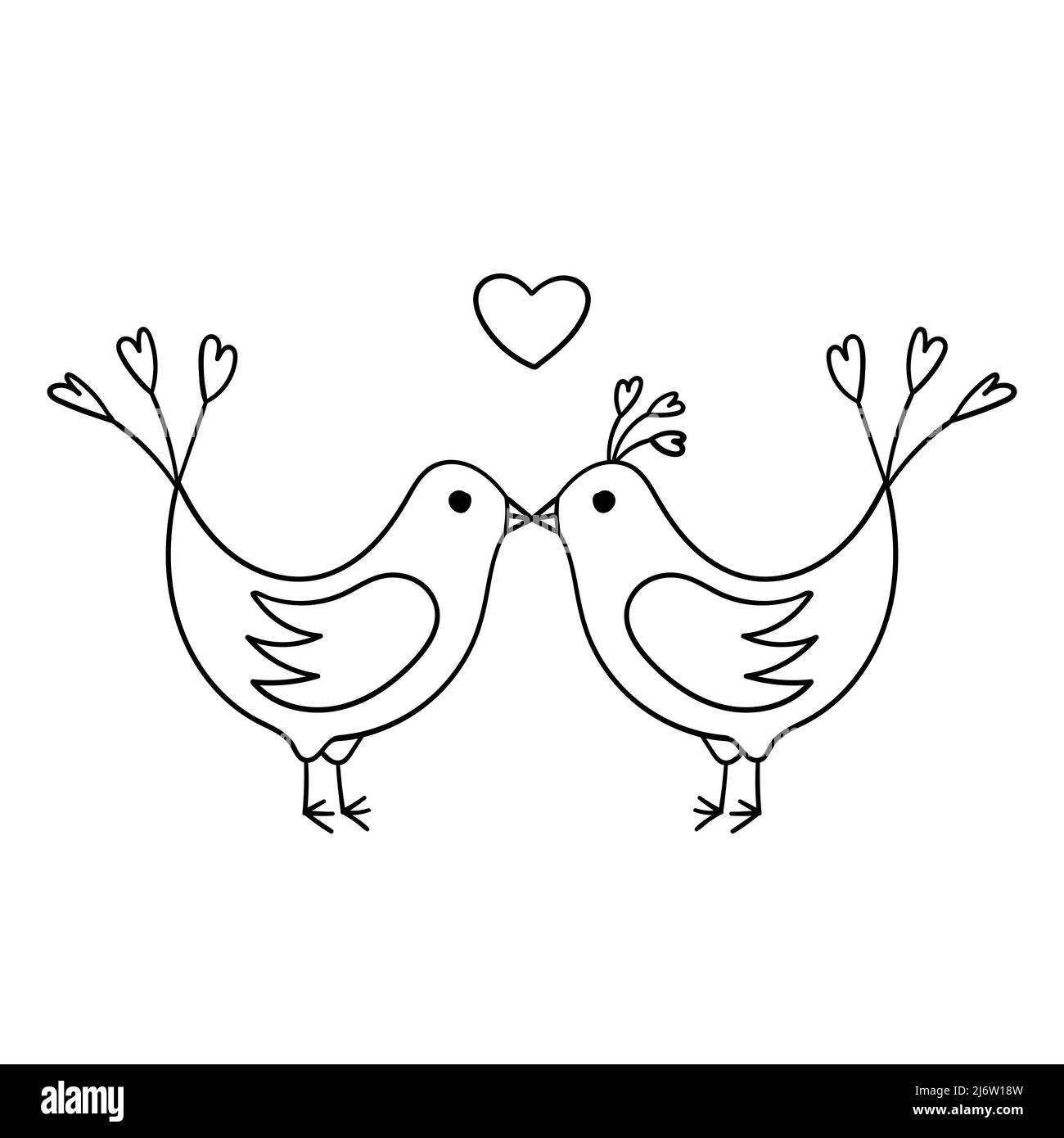 Lovebirds bacio. Un paio di uccelli innamorati. Semplice elemento decorativo. L'illustrazione del contorno è disegnata a mano, isolata su sfondo bianco. B Illustrazione Vettoriale