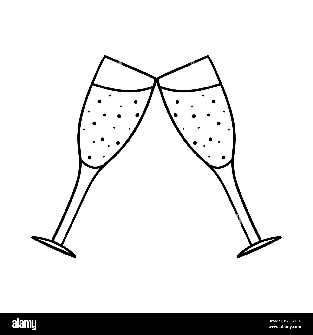 I bicchieri di champagne si stringono insieme. Elemento decorativo per San Valentino. Un semplice oggetto di disegno a profilo singolo è disegnato a mano e isolato su un Whi Illustrazione Vettoriale