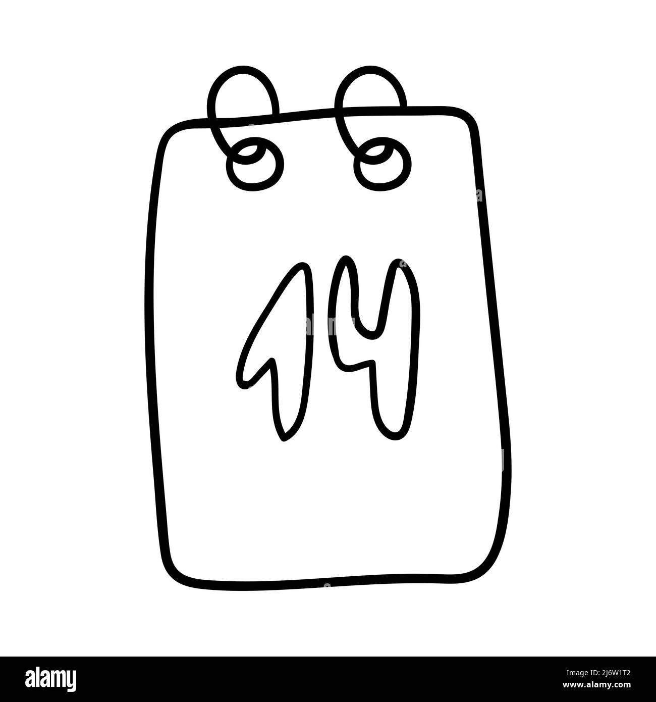 Un foglio di calendario con data febbraio 14. Elemento decorativo per San Valentino. Un singolo oggetto di disegno di contorno semplice è disegnato a mano e isolato Illustrazione Vettoriale