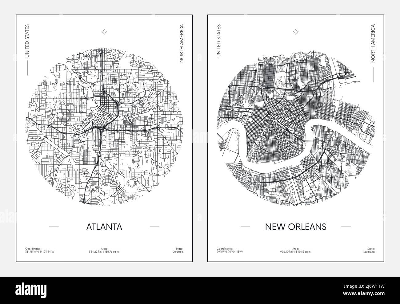 Poster di viaggio, mappa urbana della città Atlanta e New Orleans, illustrazione vettoriale Illustrazione Vettoriale