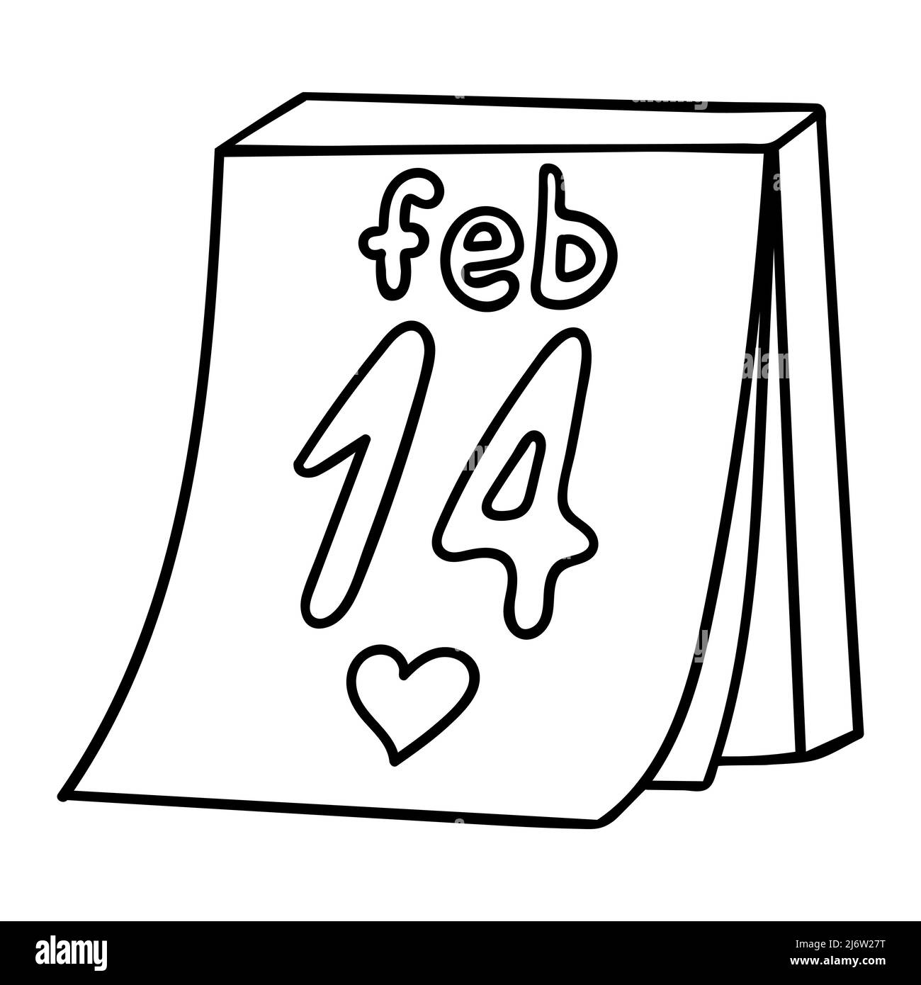 Un foglio di calendario con data febbraio 14. Elemento decorativo per San Valentino. Un semplice oggetto di disegno di contorno è disegnato a mano e isolato su un Illustrazione Vettoriale