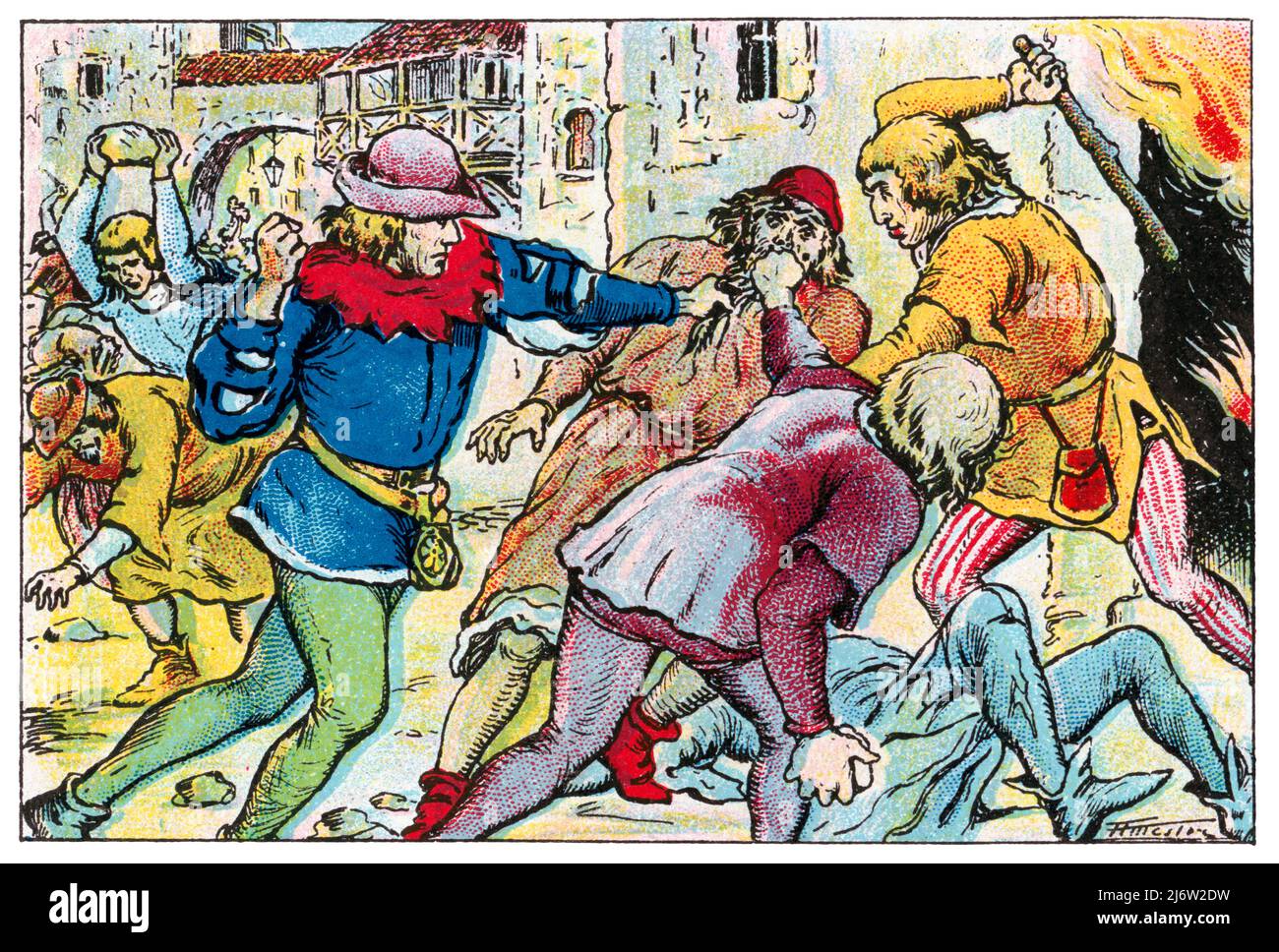 Historia de Catalunya. Levantamiento popolare dirigido contra los judíos que tuvo como consecutuencia el asalto y la destrucción del Call de Barcelona it 1391. Cromo de Xacolata Juncosa. Año 1932. Autore: Albert Mestre Moragas. Foto Stock
