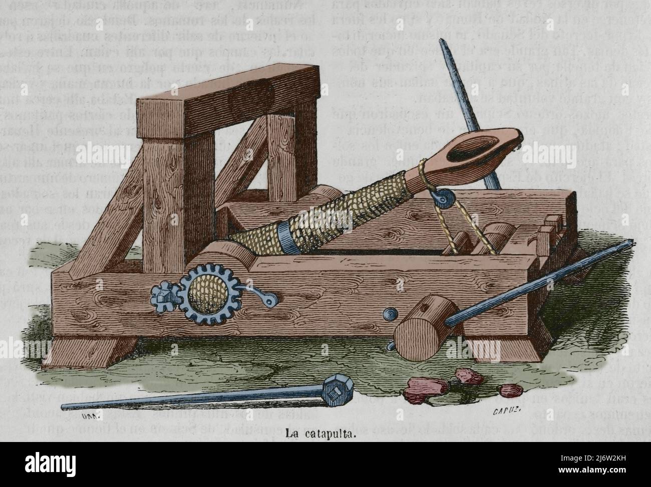 Storia antica. La catapulta. La macchina assediatrice era usata per gettare oggetti da una certa distanza come proiettili. Incisione di Capuz. Successiva colorazione. Historia General de España di Padre Mariana. Madrid, 1852. Autore: Tomas Carlos Capuz (1834-1899). Incisore spagnolo e xilografo. Foto Stock