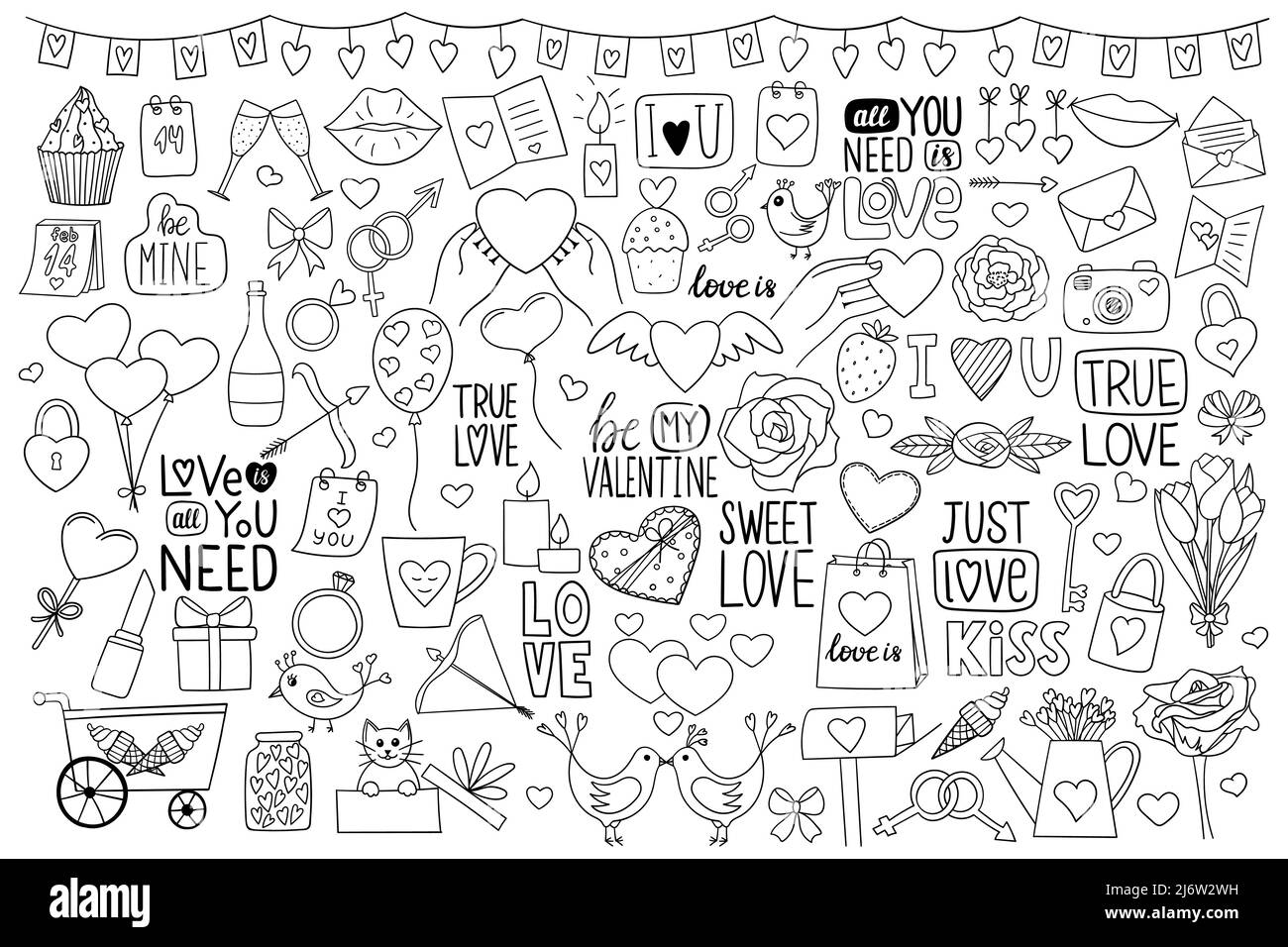 Una grande serie di oggetti in stile doodle sul tema del giorno di San Valentino. Una raccolta di semplici elementi di disegno di contorno disegnati a mano e isolati su un Illustrazione Vettoriale