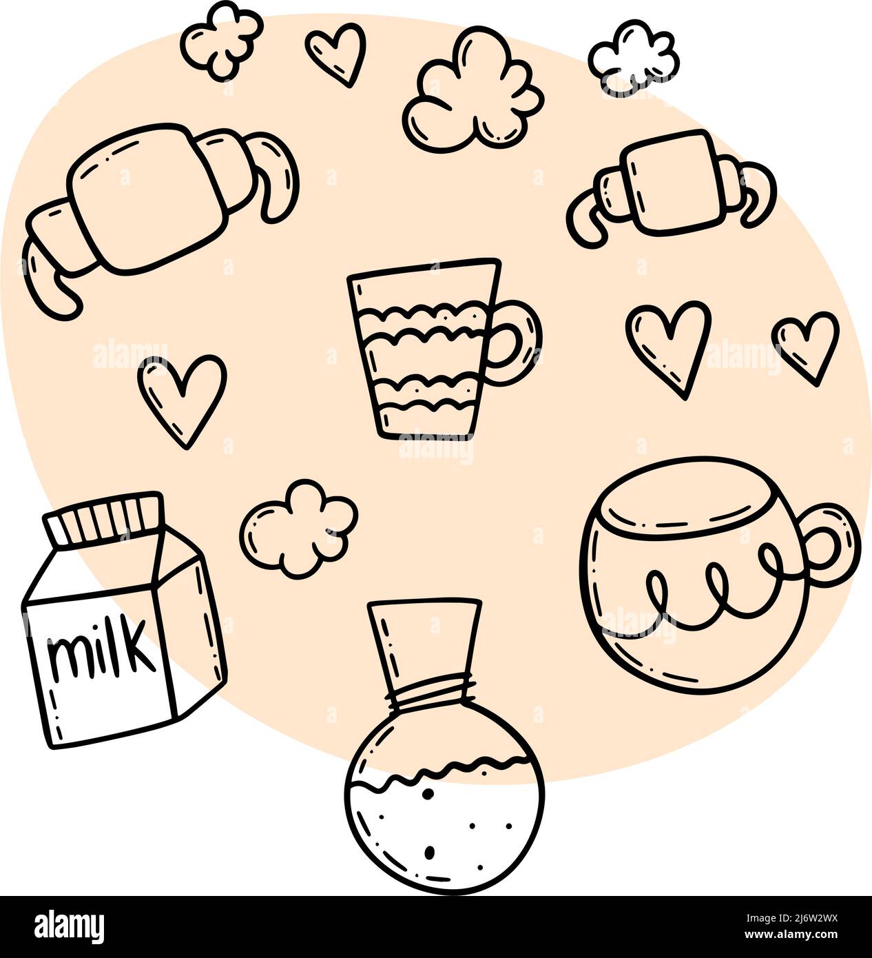 Gli utensili da caffè presentano un contorno in inchiostro nero in stile doodle. Illustrazione Vettoriale