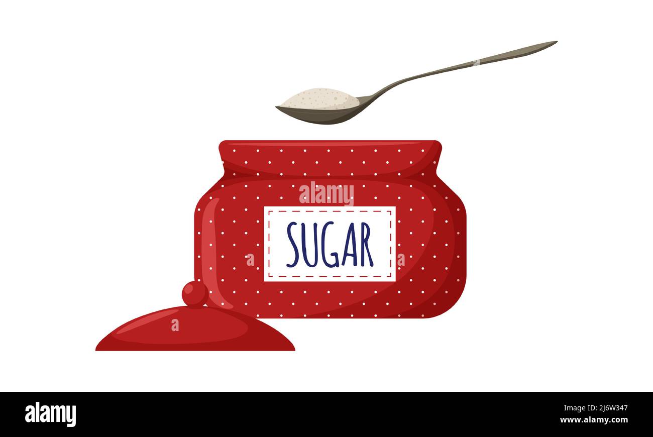 Ciotola di zucchero a pois rosso con coperchio aperto ed etichetta. Zucchero in un cucchiaio. Utensili da cucina, contenitore di zucchero. Cibo dolce, malsano e nocivo. Illustrazione nella Illustrazione Vettoriale