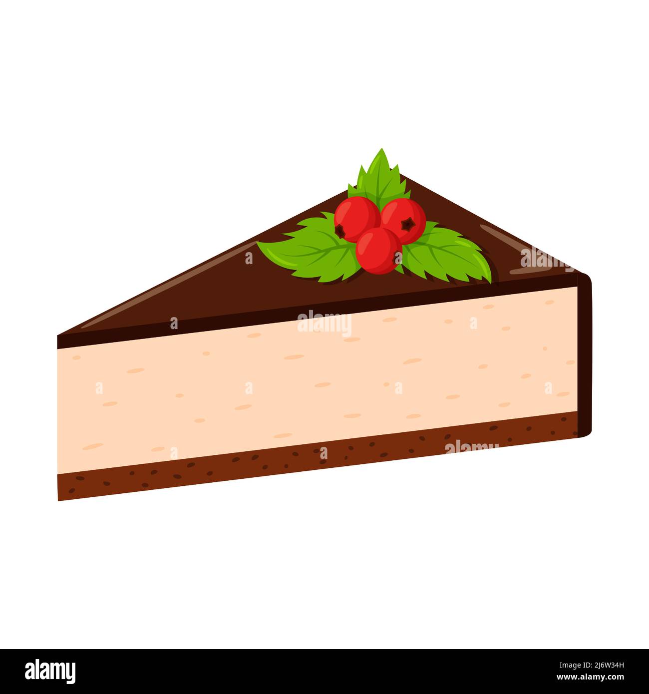 Cheesecake al cioccolato con frutti di bosco e foglie di menta. Cibi grassi, ad alto contenuto calorico, malsani. Dessert, yummy, delizioso. Illustrazione in stile cartoon flat. IO Illustrazione Vettoriale