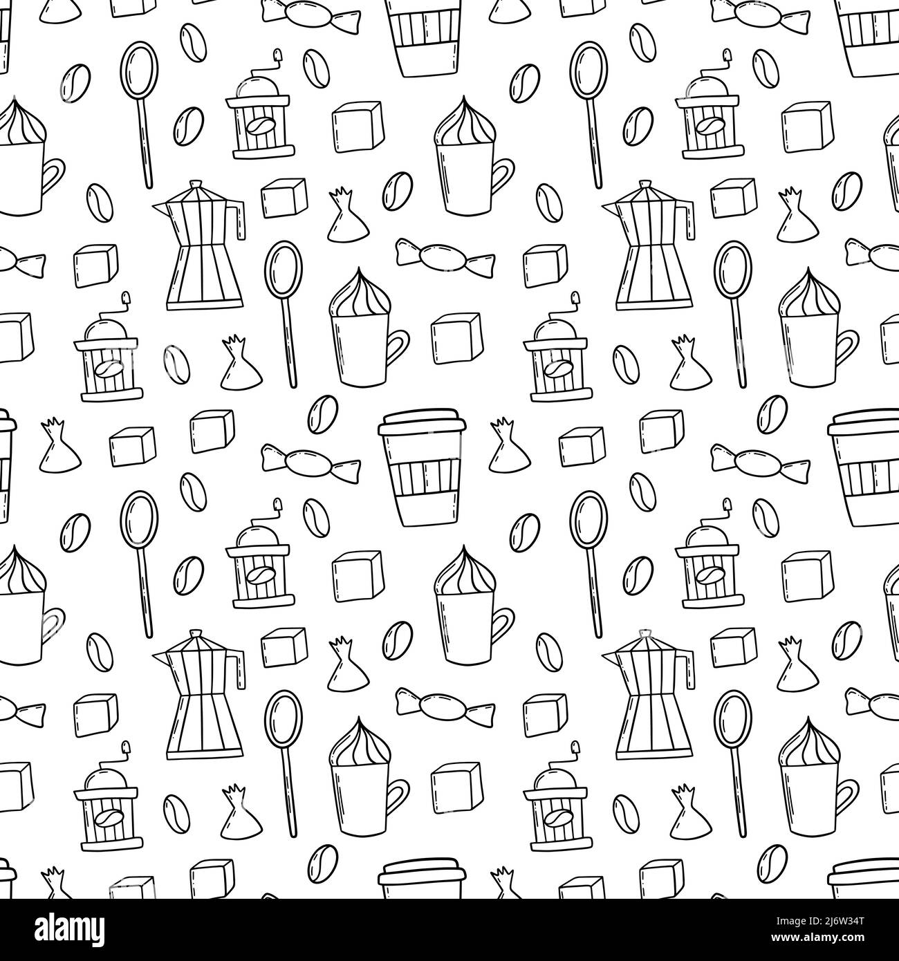 Utensili da caffè con bordo in inchiostro nero e motivo senza cuciture in stile doodle. Illustrazione Vettoriale