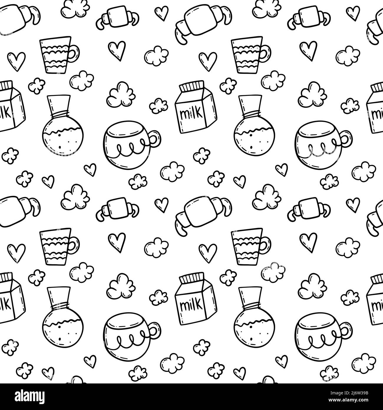 Utensili da caffè con bordo in inchiostro nero e motivo senza cuciture in stile doodle. Illustrazione Vettoriale