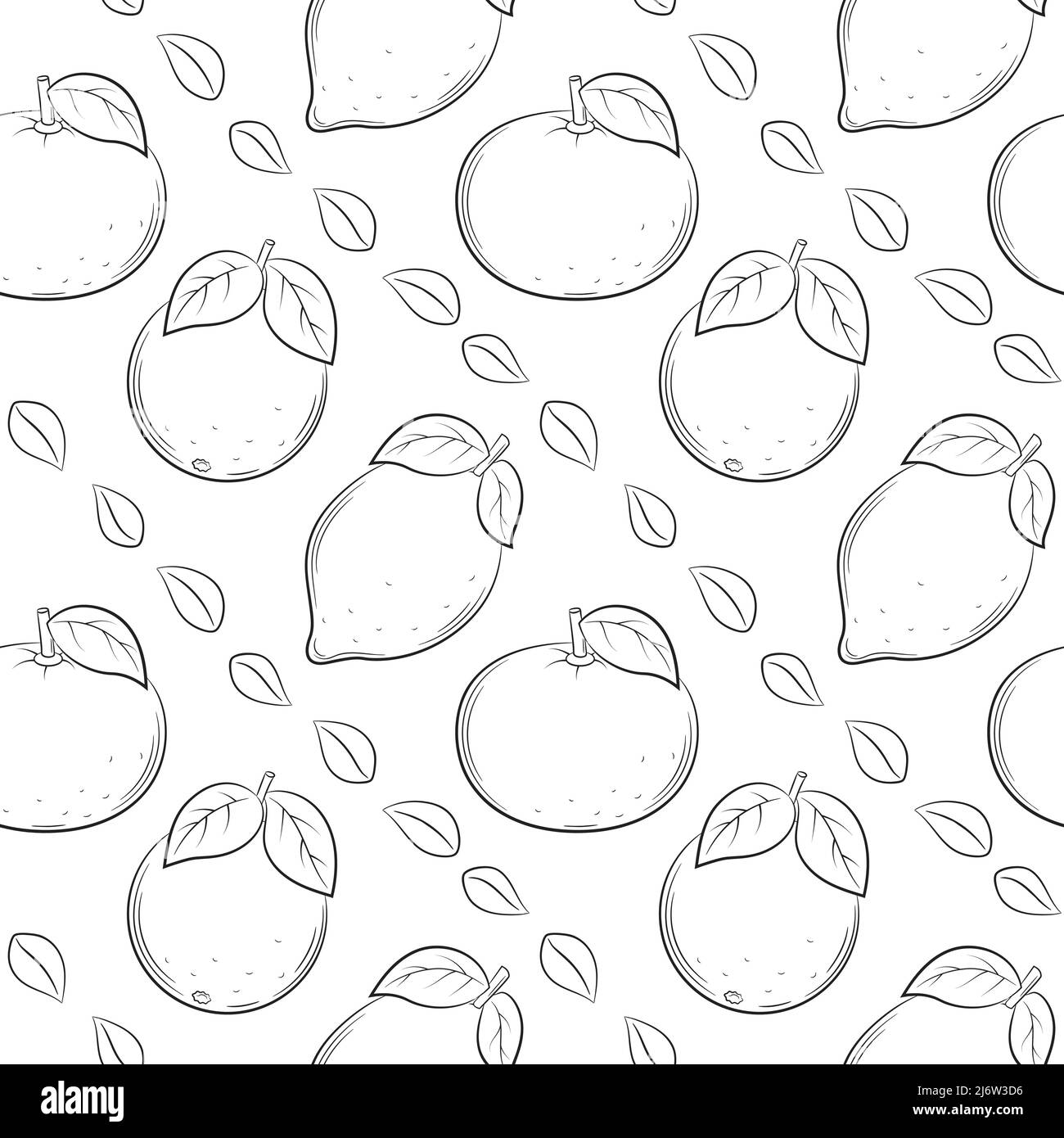 Modello senza giunture con limoni, arance e foglie. Gli elementi lineari disegnati a mano in bianco e nero sono isolati su uno sfondo trasparente. Per il design Illustrazione Vettoriale