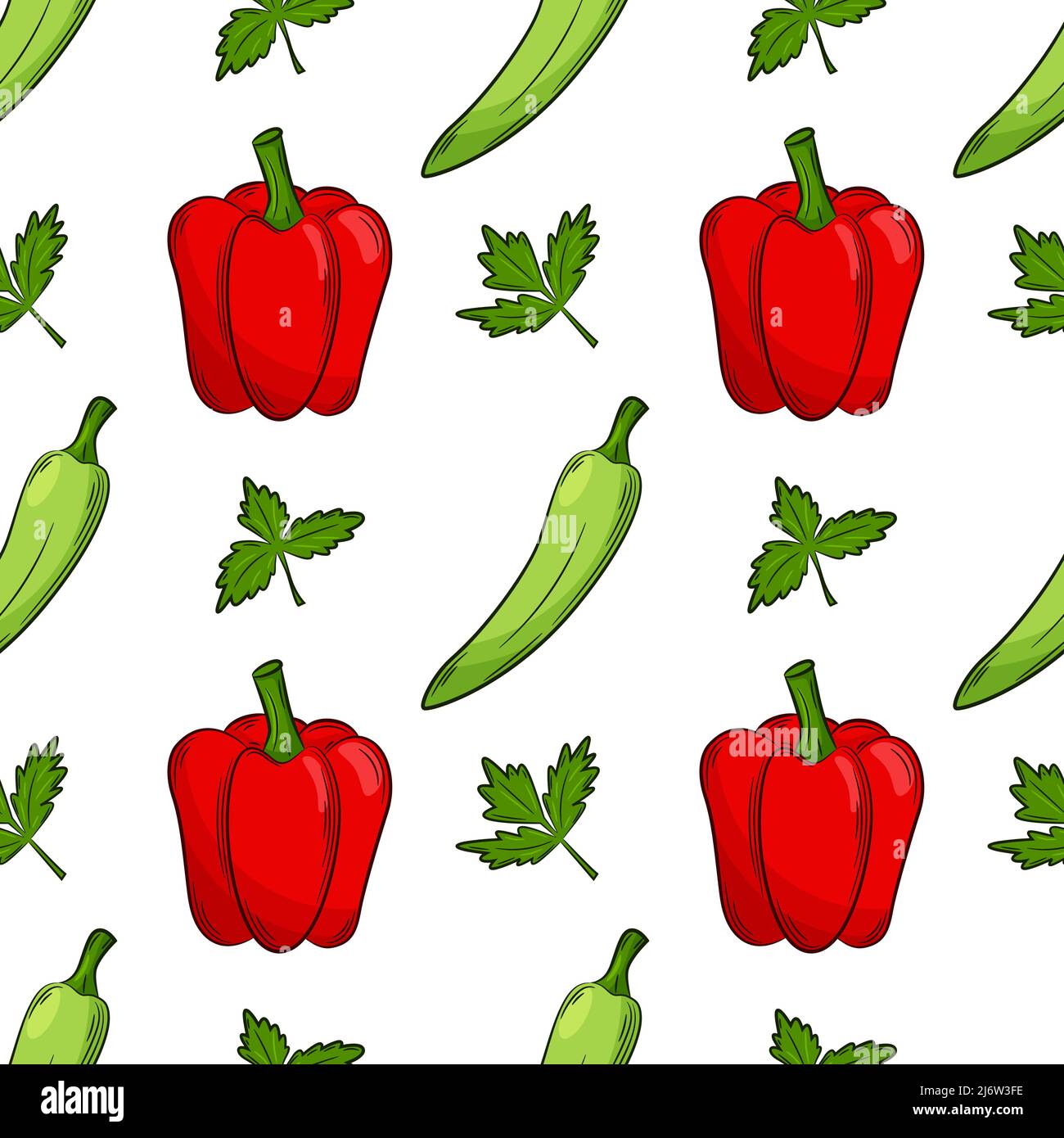 Modello senza cuciture con peperoni e prezzemolo. Luminoso, succoso, motivo estivo con verdure. Gli elementi di colore nello stile lineare sono isolati. Per il des Illustrazione Vettoriale