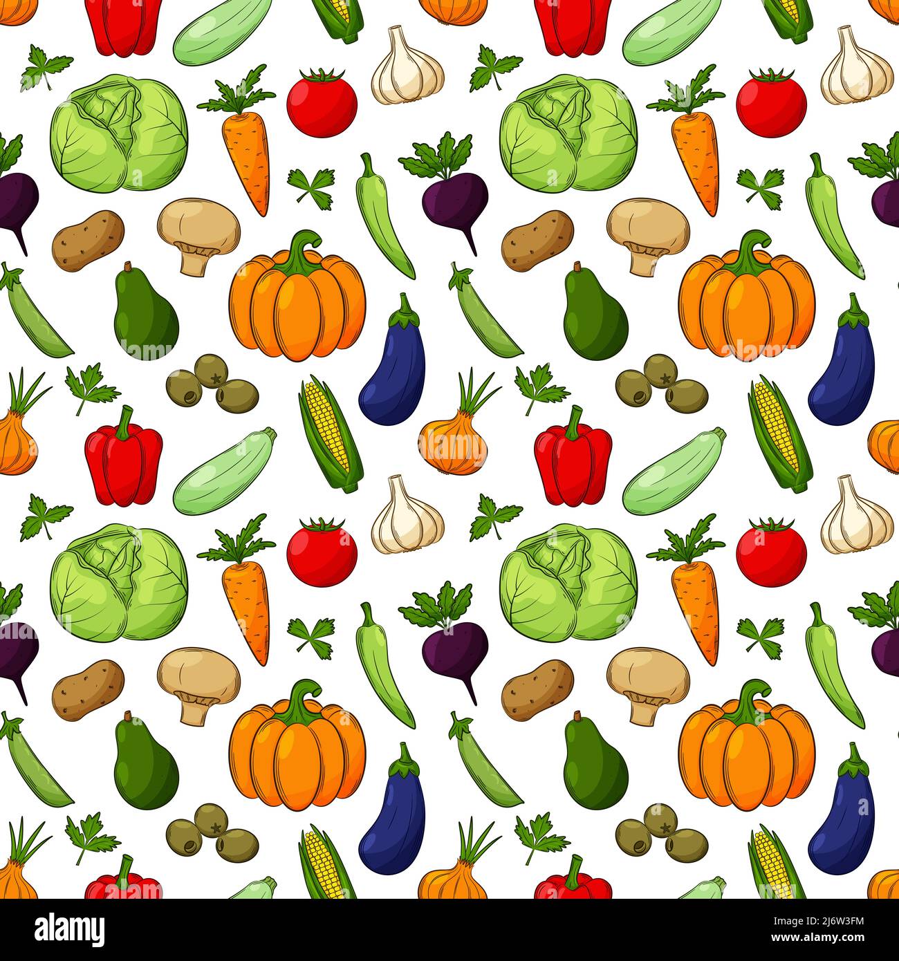 Modello senza cuciture con verdure diverse. Gli elementi lineari colorati disegnati a mano con un contorno sono isolati su uno sfondo trasparente. Per il desig Illustrazione Vettoriale