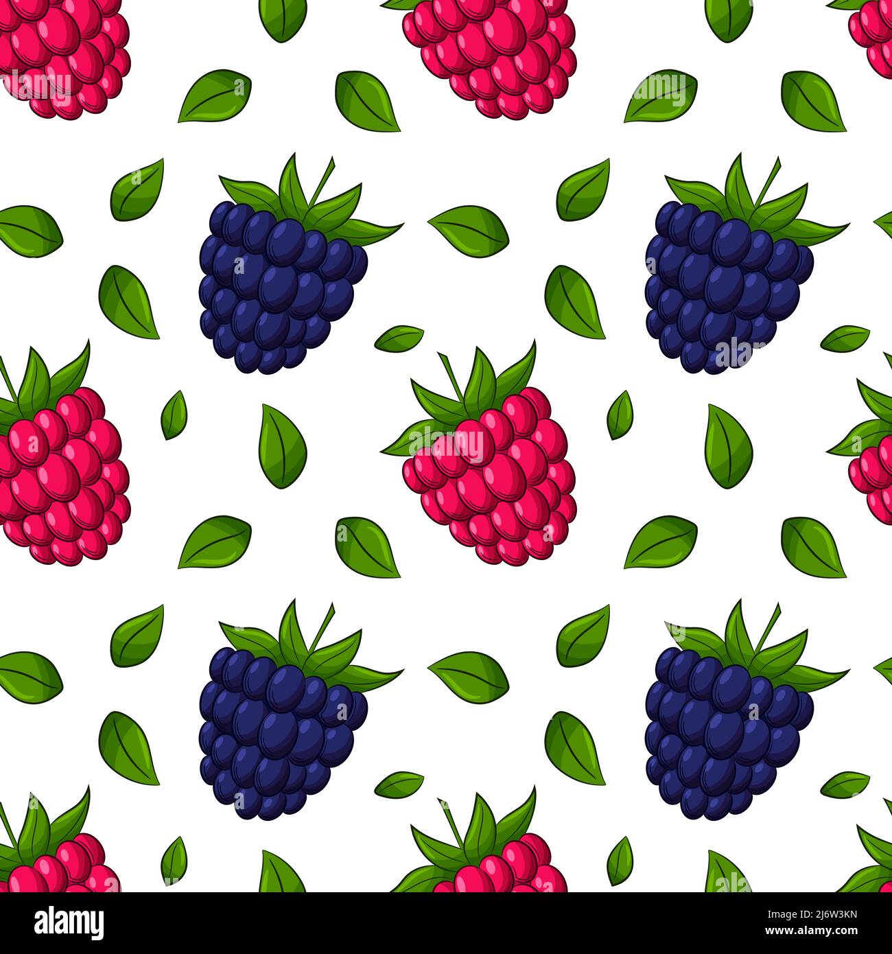 Modello senza cuciture con lamponi, more e foglie. Motivo luminoso, succoso, estivo, fruttato. Gli elementi di colore nello stile lineare sono isolati Illustrazione Vettoriale