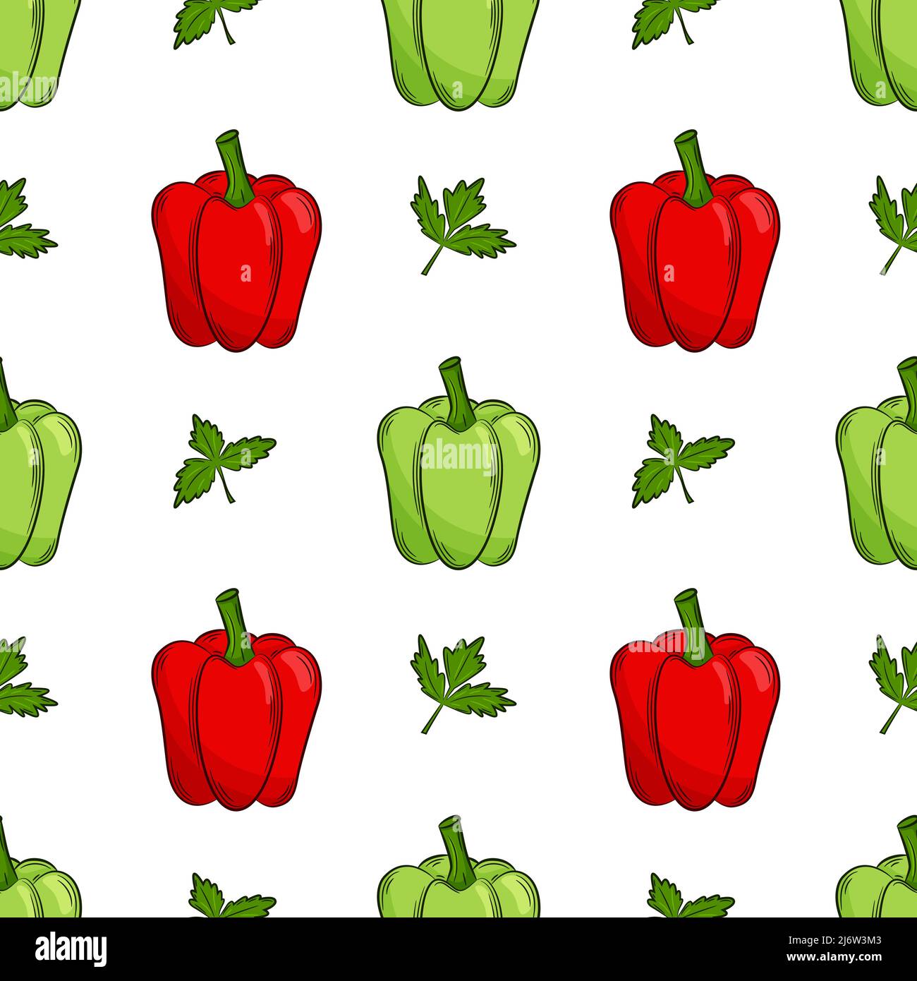 Modello senza cuciture con peperoni e prezzemolo. Luminoso, succoso, motivo estivo con verdure. Gli elementi di colore nello stile lineare sono isolati. Per il des Illustrazione Vettoriale
