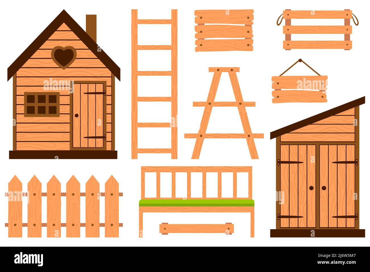Collezione di accessori in legno per giardino. Recinzione, scatole, scala, capannone, bench.Giardinaggio, mobili da giardino.elementi di design in stile cartoon flat. Colore Illustrazione Vettoriale