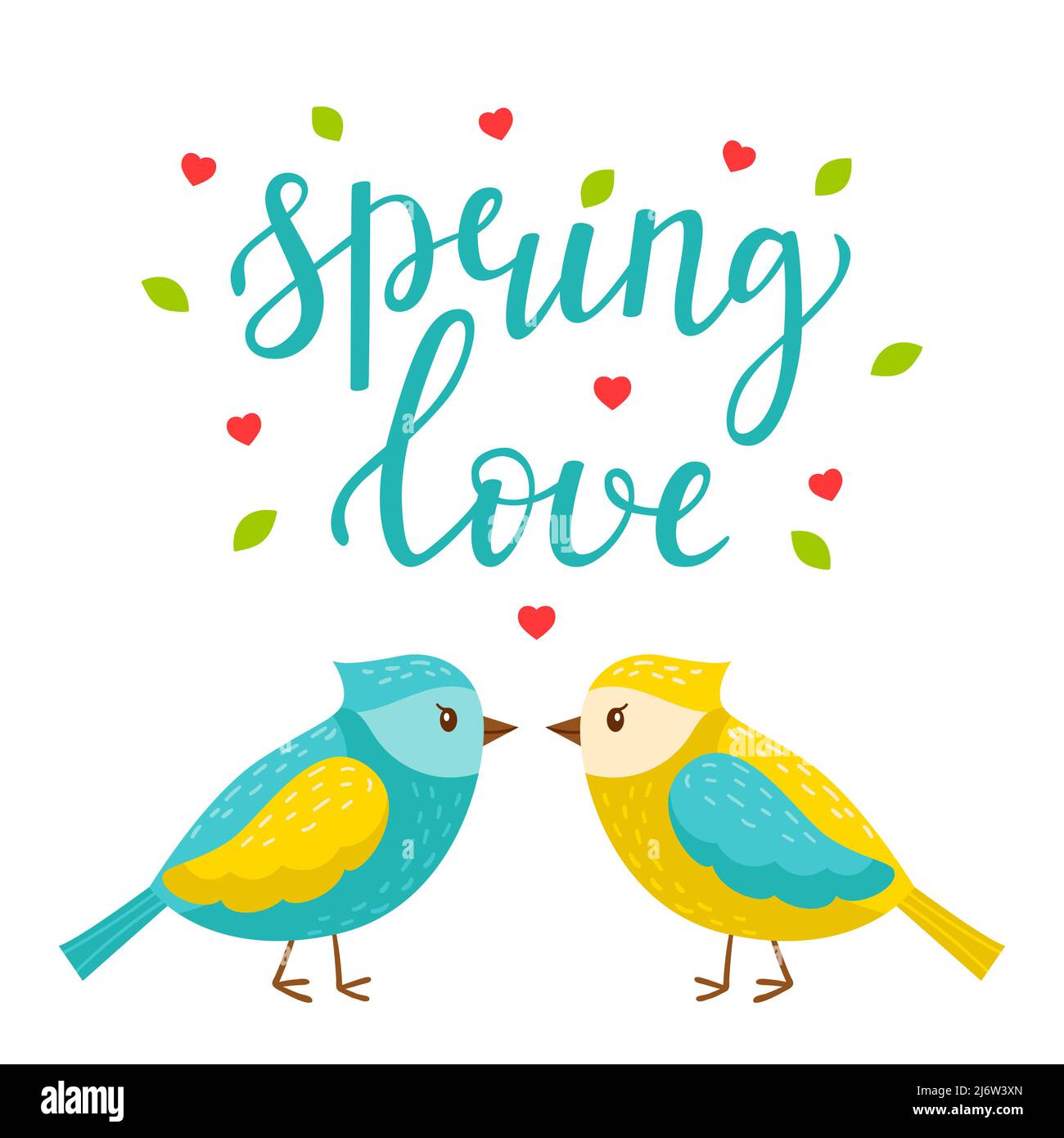 Amanti di primavera bellissimi uccelli. Le parole Primavera amore. Caratteri cartoni animati e lettere. Illustrazione vettoriale a colori brillanti, cartolina in stile piatto. IO Illustrazione Vettoriale