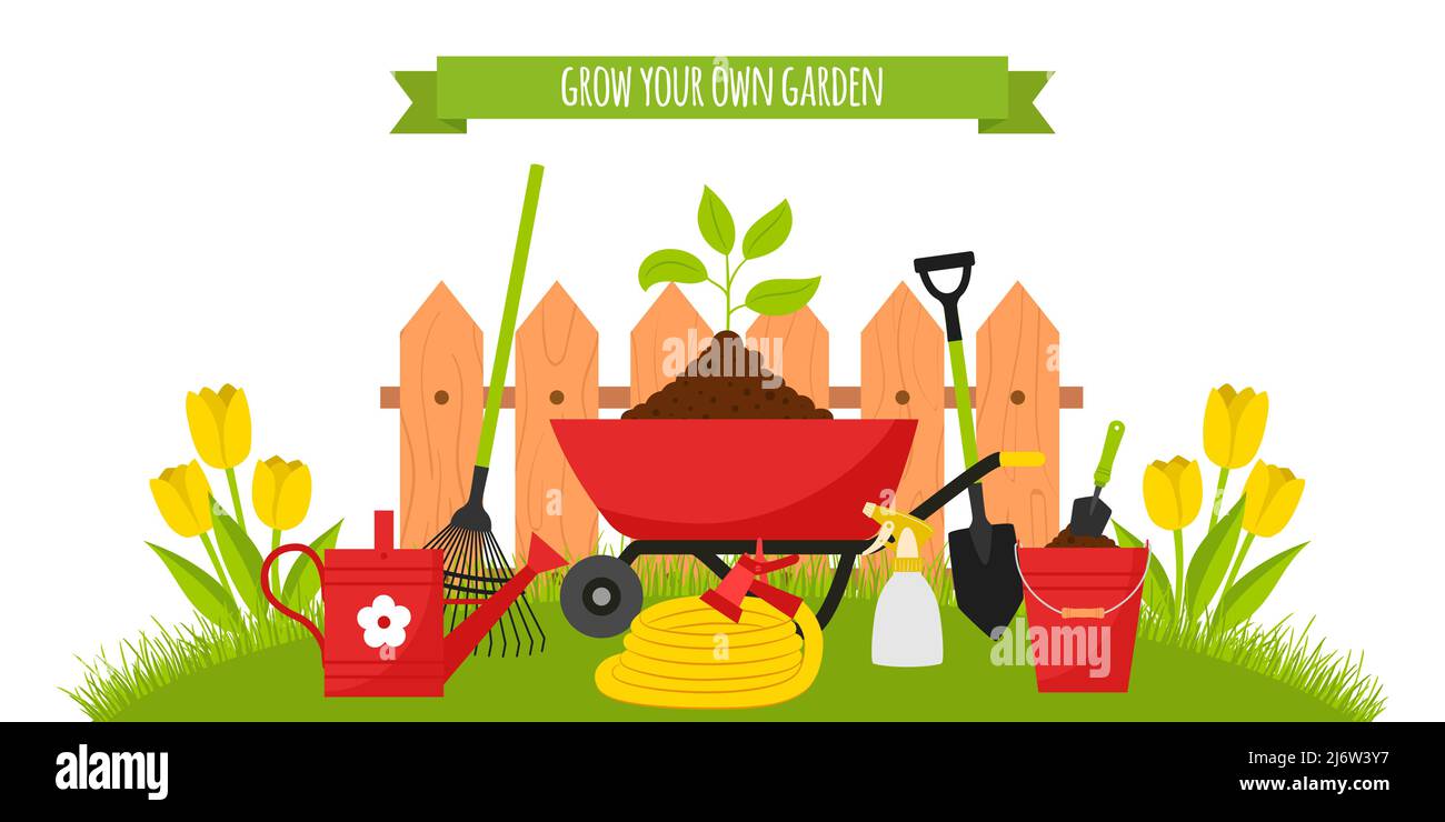 Un set di attrezzi da giardino, una carriola con piantine sullo sfondo di un prato con tulipani e una recinzione. Secchio, annaffiatoio, tubo flessibile. Banner orizzontale Illustrazione Vettoriale