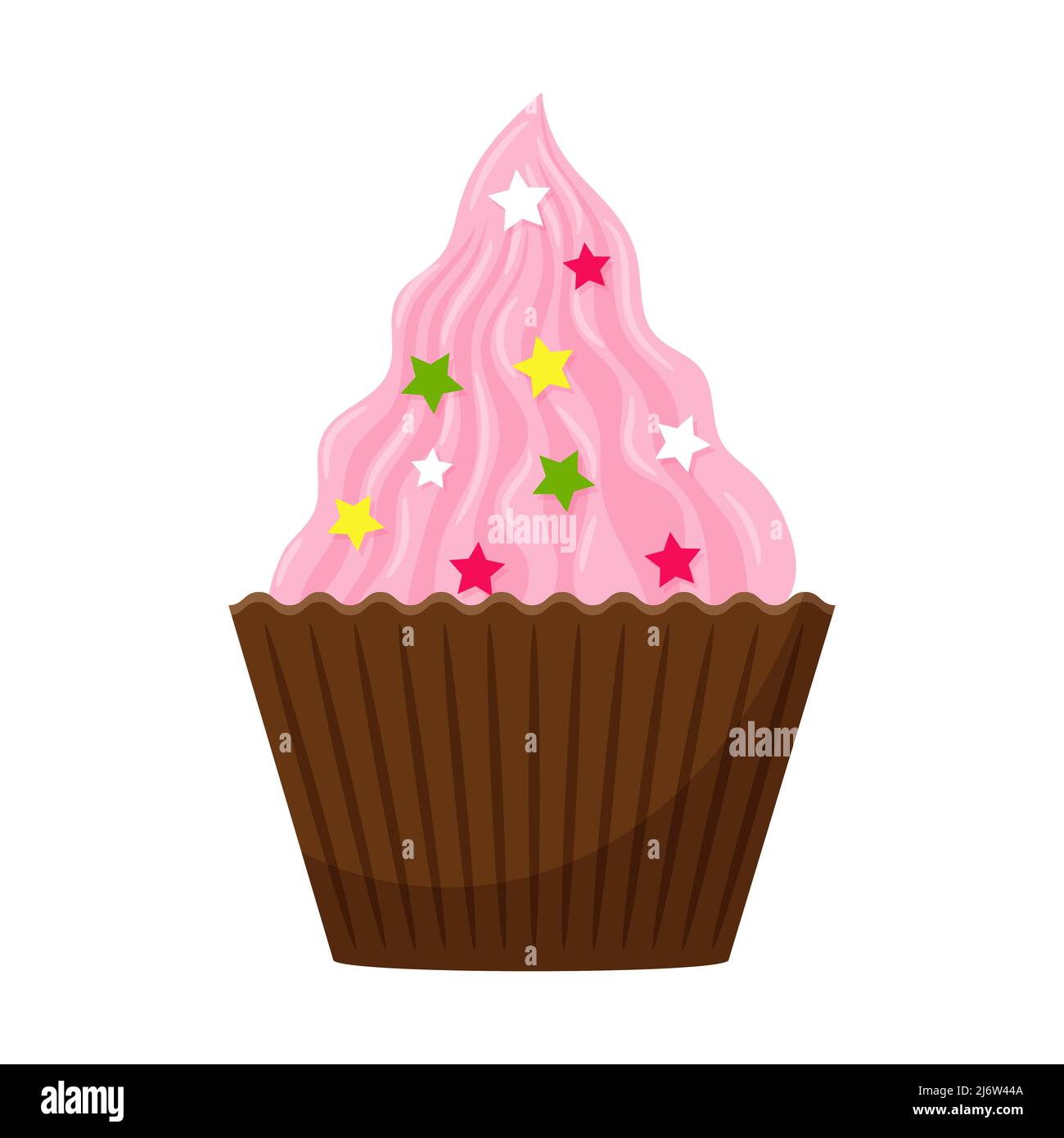Cupcake, una torta con crema rosa e spolverini decorativi. Dolce, calorie, cibo malsano, dessert, delizia. Illustrazione vettoriale a colori in cartoon fl Illustrazione Vettoriale
