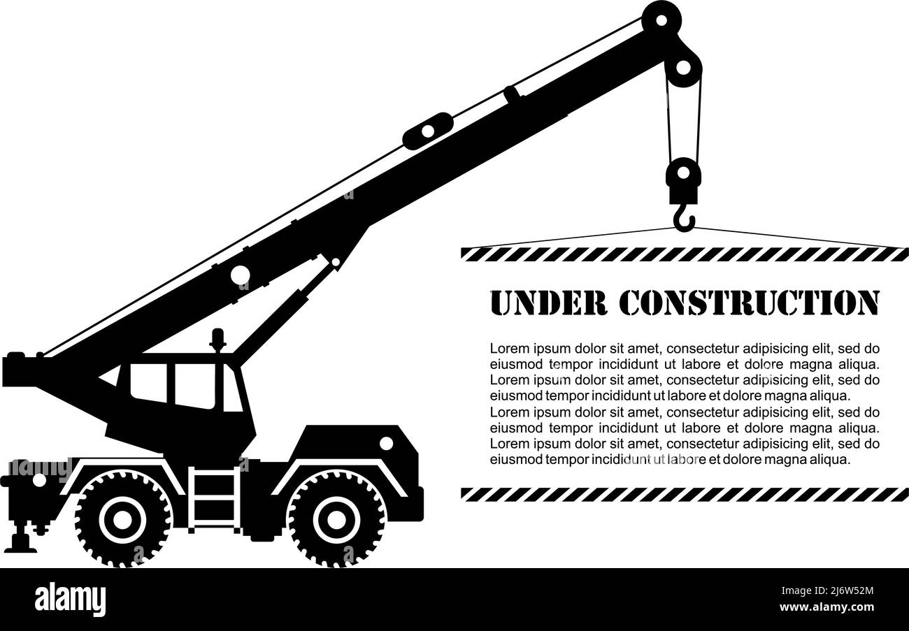 Illustrazione dettagliata del carrello gru nero per edilizia con bordo. Attrezzature e macchinari per costruzioni pesanti. Illustrazione vettoriale. Illustrazione Vettoriale