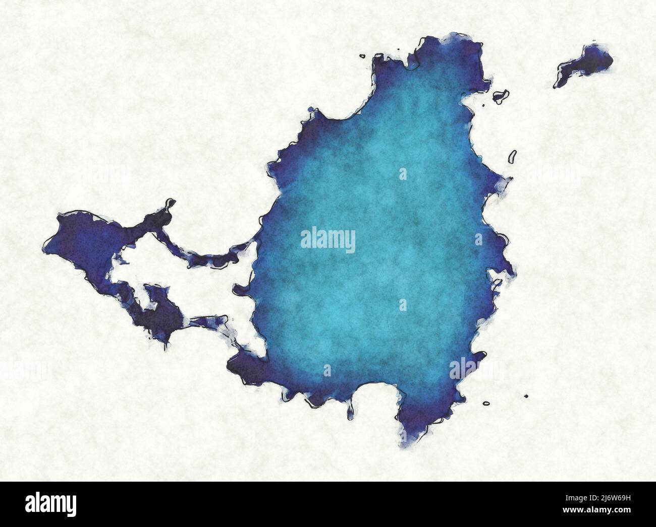 Mappa di Saint Martin con linee tracciate e illustrazione di acquerello blu Foto Stock