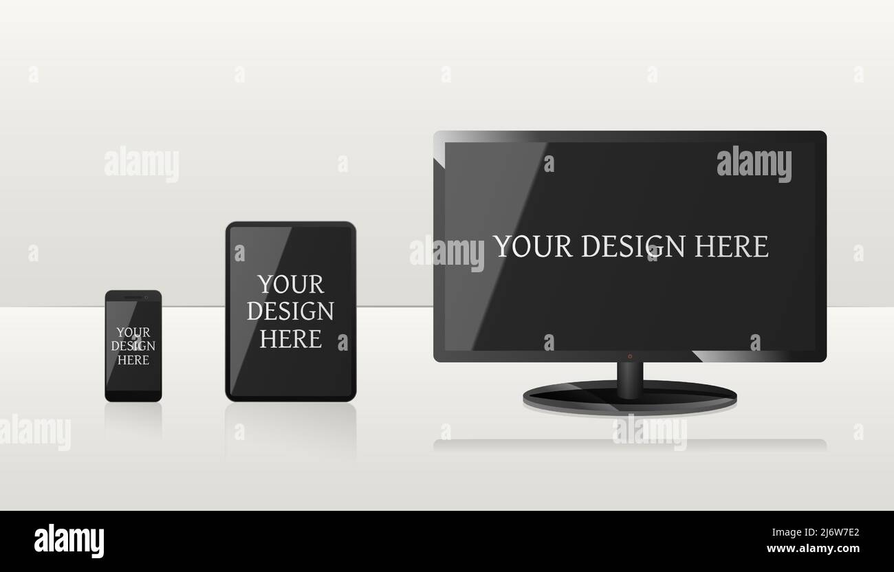 Computer, laptop e smartphone con schermi neri. Illustrazione Vettoriale